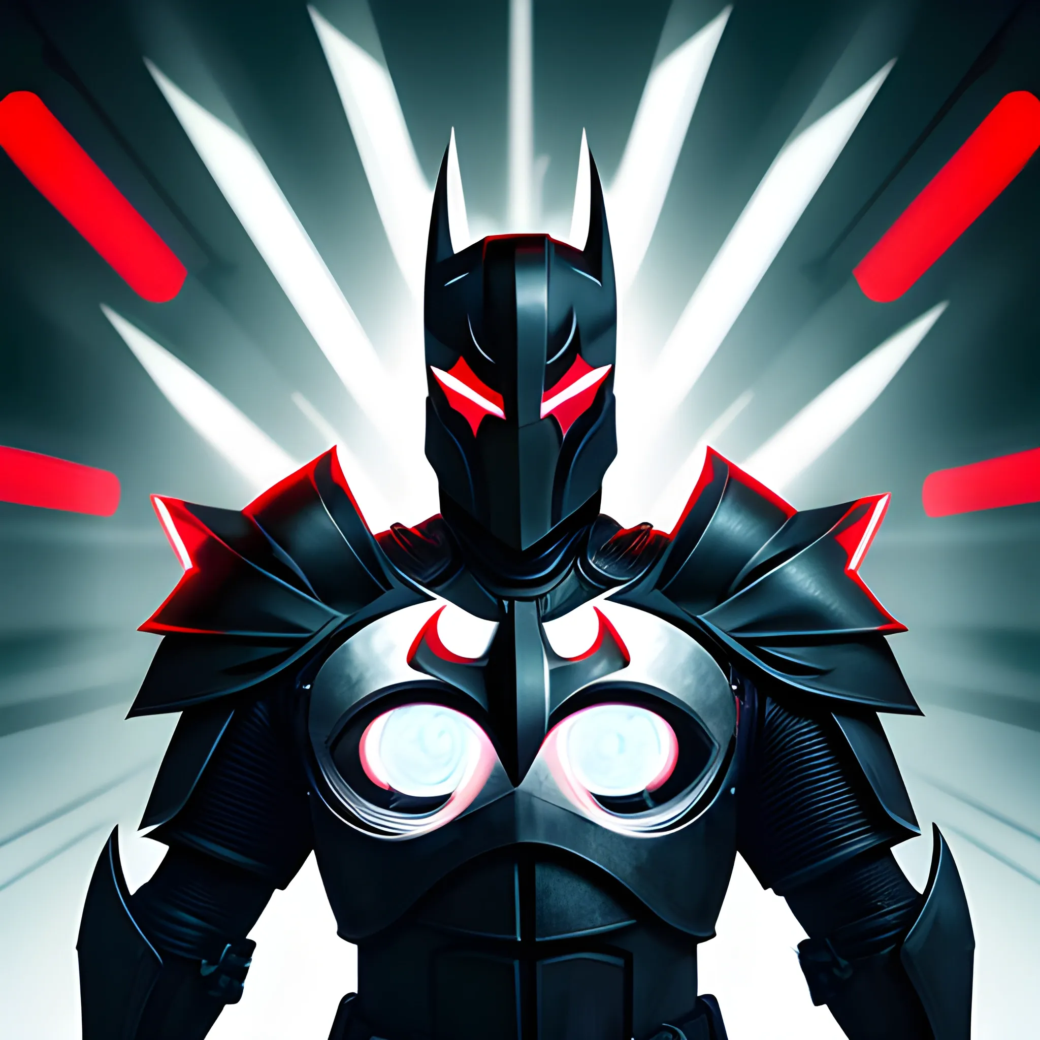 The poster portrays a white and black knight with red eyes and a helmet that combines the shape of a V, resembling Batman. Their face is illuminated by neon lights in the background, accentuating the edges. This knight exudes determination in their gaze and expression, ready to protect and fight for justice., 8k, Hyper detailed, concept art