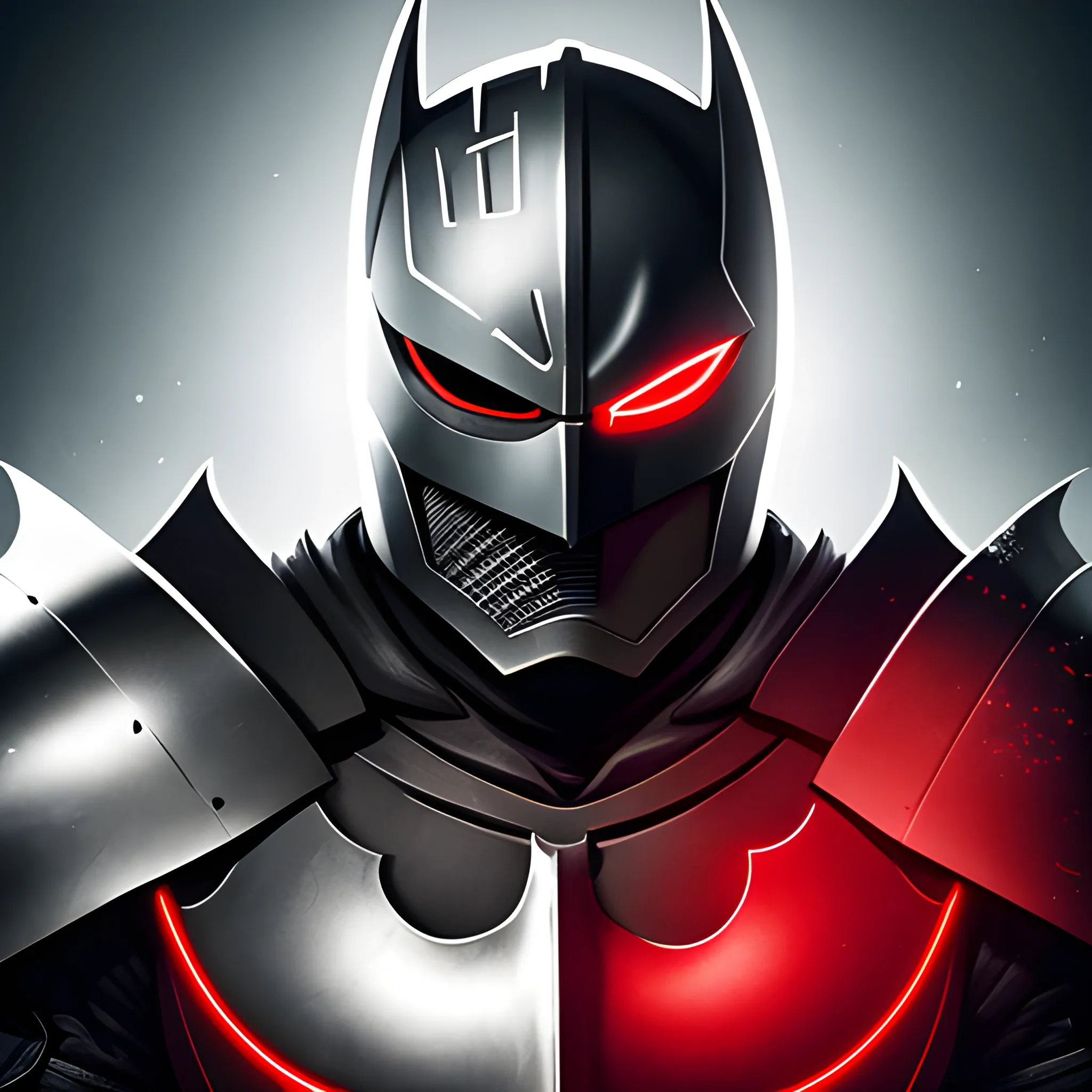 The poster portrays a white and black knight with intense red eyes and a helmet that combines the shape of a crow, resembling batman. Their face is illuminated by lights in the background, accentuating the edges. This knight exudes determination in their gaze and expression, ready to protect and fight for justice., 8k, concept art, ultra detailed.