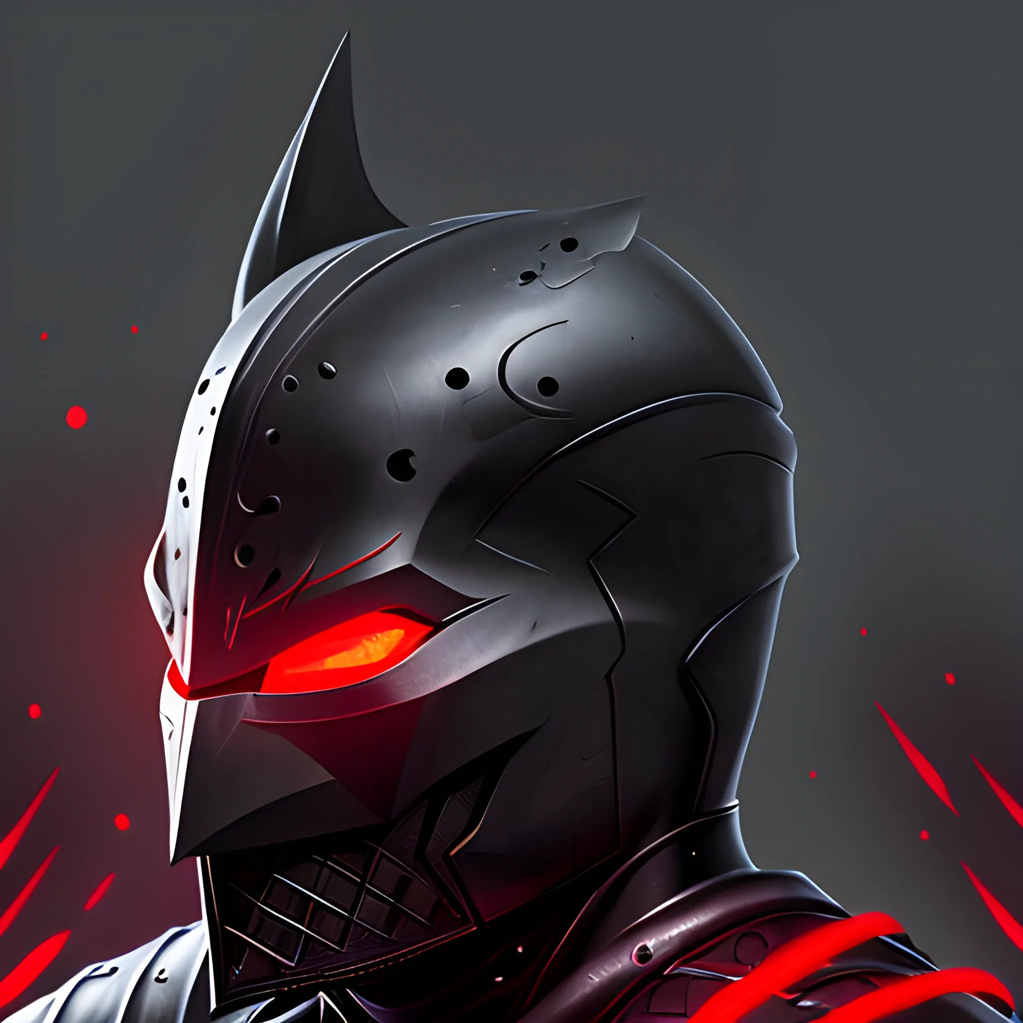 The poster portrays a black knight with intense red eyes and a helmet that combines the shape of a crow, resembling batman. Their face is illuminated by lights in the background, accentuating the edges. This knight exudes determination in their gaze and expression, ready to protect and fight for justice., 8k, concept art, ultra detailed.