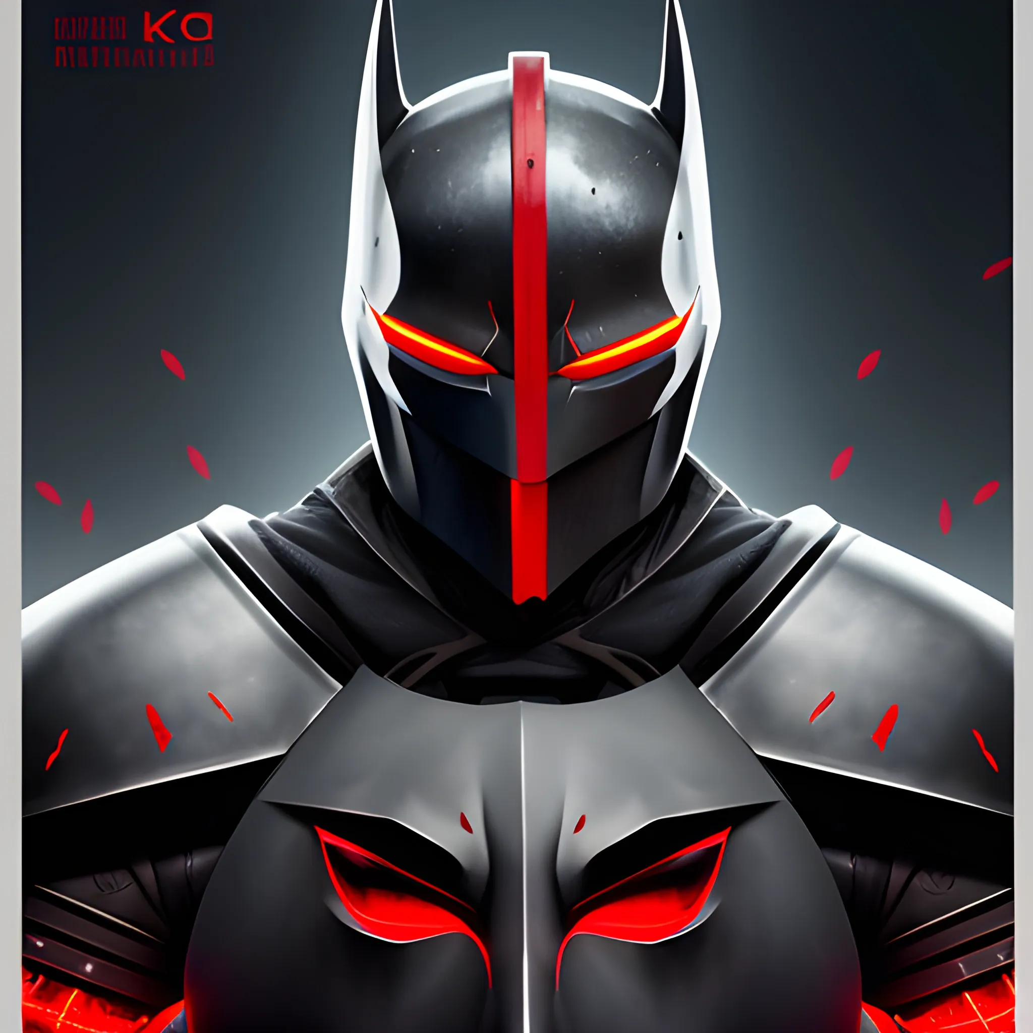 The poster portrays a black knight with intense red eyes and a helmet that combines the shape of a crow, resembling batman. Their face is illuminated by lights in the background, accentuating the edges. This knight exudes determination in their gaze and expression, ready to protect and fight for justice., 8k, concept art, ultra detailed.