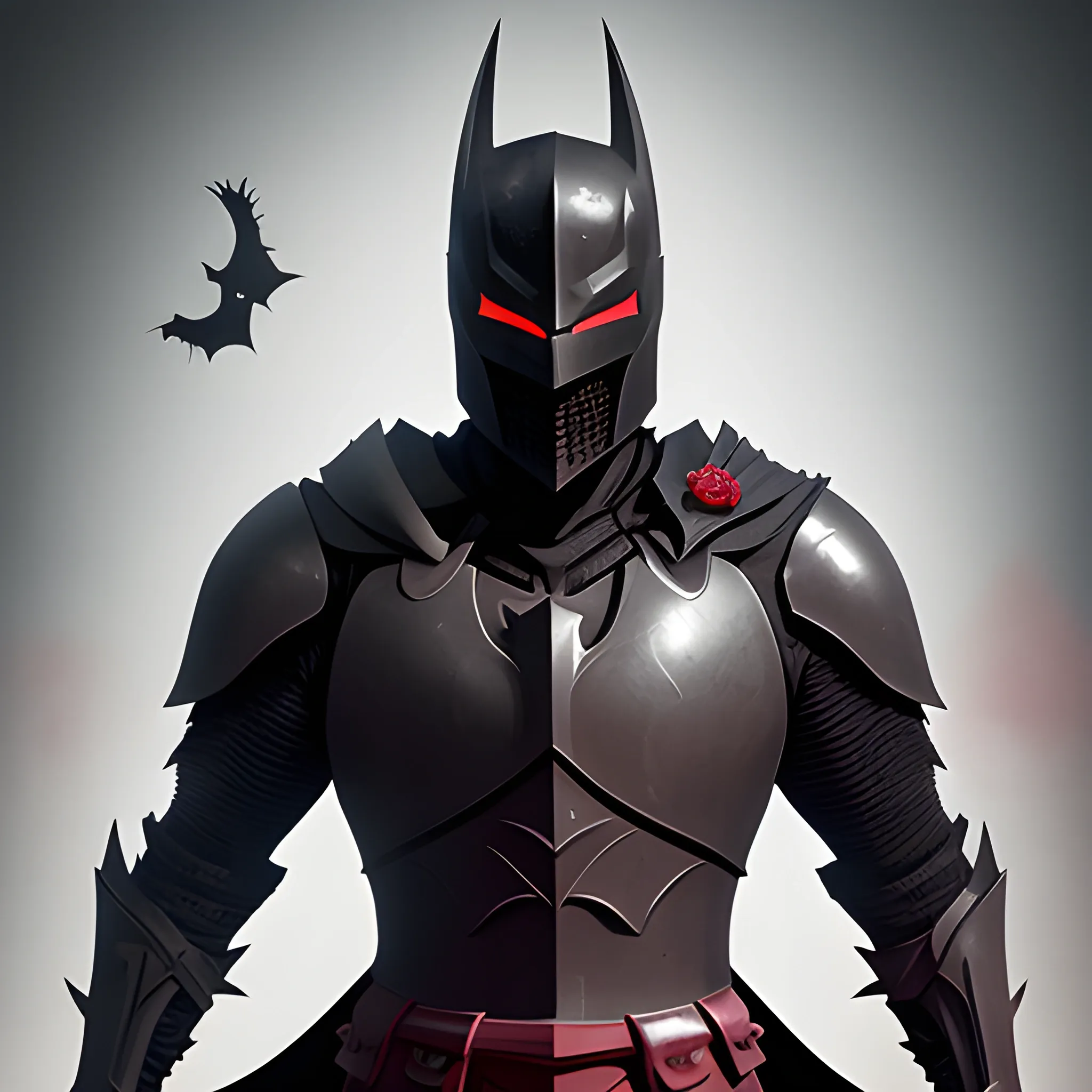 The poster portrays a black knight with intense red eyes and a helmet that combines the shape of a crow, resembling batman. Their face is illuminated by lights in the background, accentuating the edges. Theres feathers in the air. This knight exudes determination in their gaze and expression, ready to protect and fight for justice., 8k, concept art, ultra detailed. the camera angle is medium