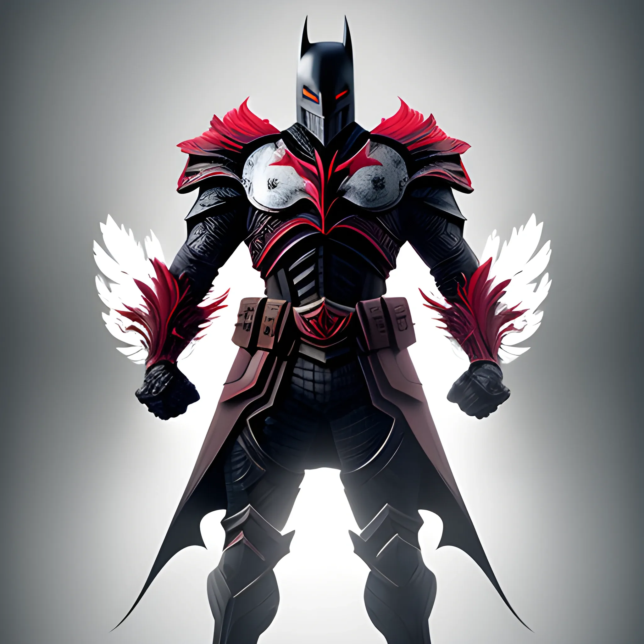 The poster portrays a white knight with intense red eyes and a helmet that combines the shape of a crow, resembling batman. Their face is illuminated by lights in the background, accentuating the edges. Theres feathers in the air. This knight exudes determination in their gaze and expression, ready to protect and fight for justice., 8k, concept art, ultra detailed. the camera angle is medium