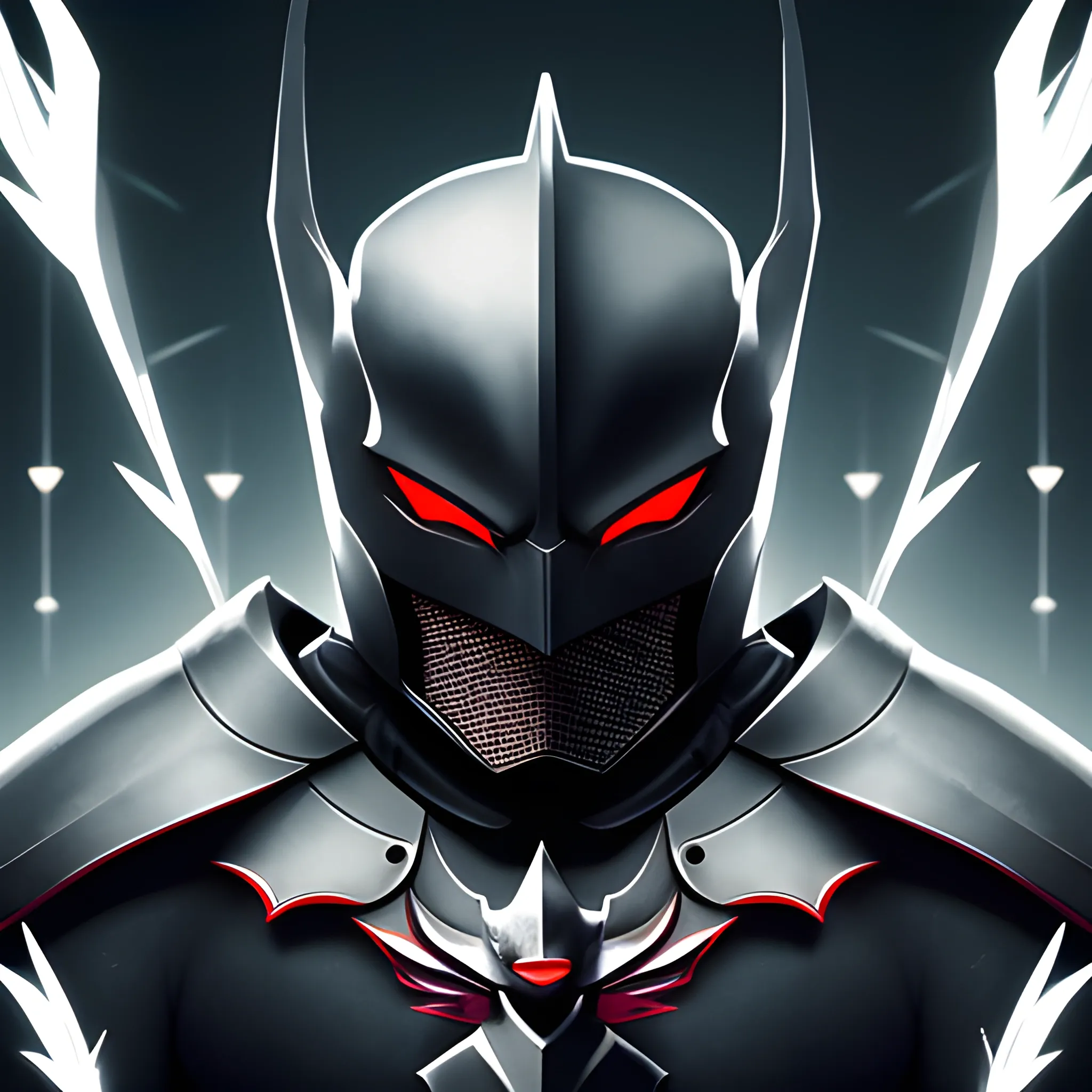 The poster portrays a white knight with intense red eyes and a helmet that combines the shape of a crow, resembling batman. Their face is illuminated by lights in the background, accentuating the edges. This knight exudes determination in their gaze and expression, ready to protect and fight for justice., 8k, concept art, ultra detailed. the camera angle is medium, feathers