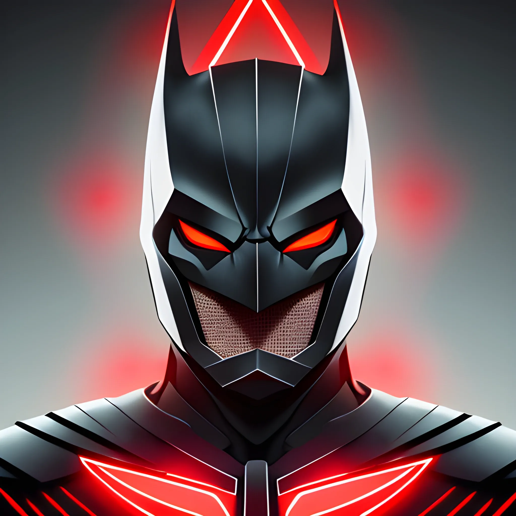 The poster portrays a white knight with intense red eyes and a helmet that combines the shape of a crow, resembling batman. Their face is illuminated by lights in the background, accentuating the edges. This knight exudes determination in their gaze and expression, ready to protect and fight for justice., 8k, concept art, ultra detailed. the camera angle is medium, feathers