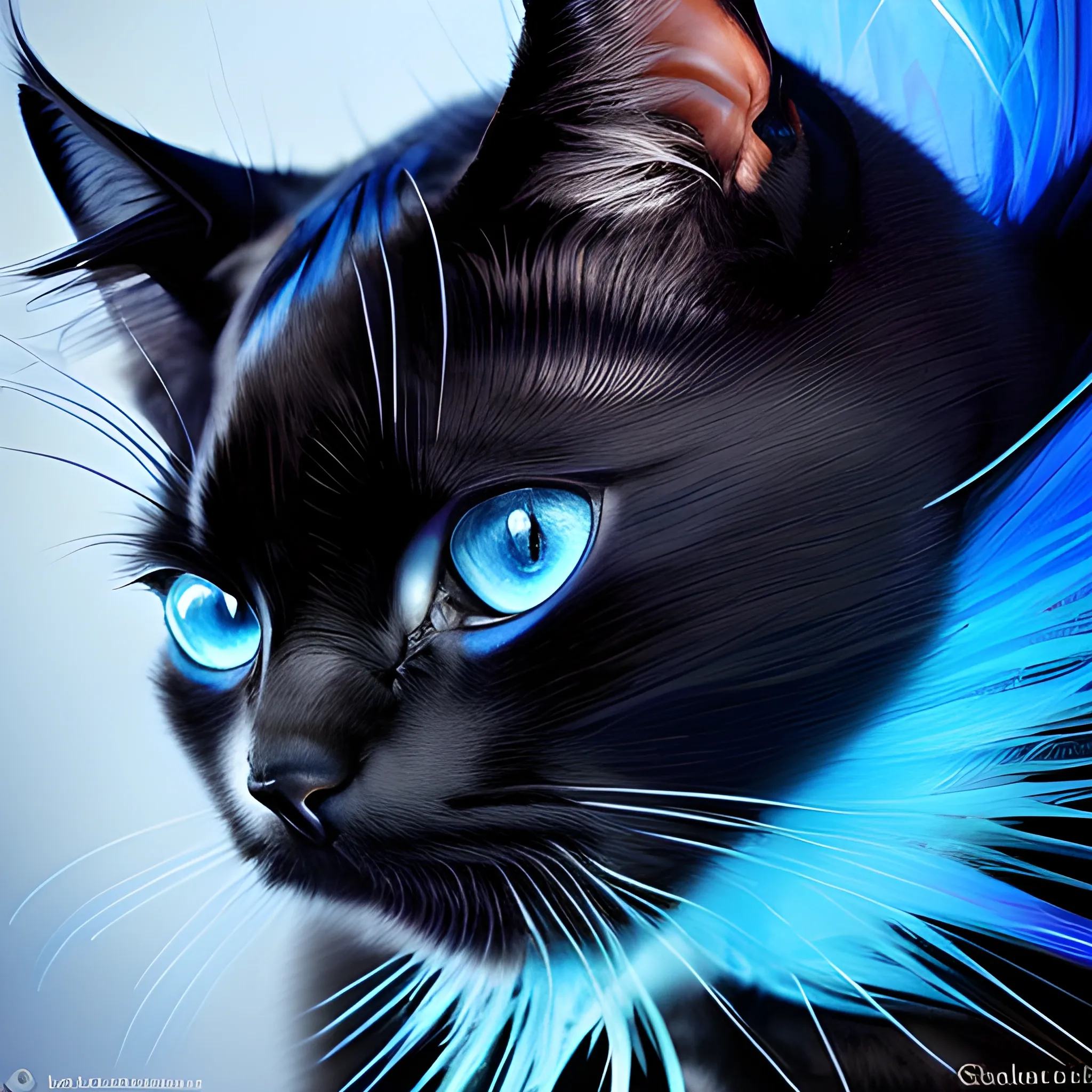 A mesmerizing digital photograph featuring a photorealistic anthropomorphic black cat. The female character, Against a blue backdrop, the artwork showcases the vibrant details. The lighting gives a sense of depth and dimension, highlighting the cat's elegant features. Facial Expression: Enigmatic and seductive. Atmosphere: Mystical and enchanting.