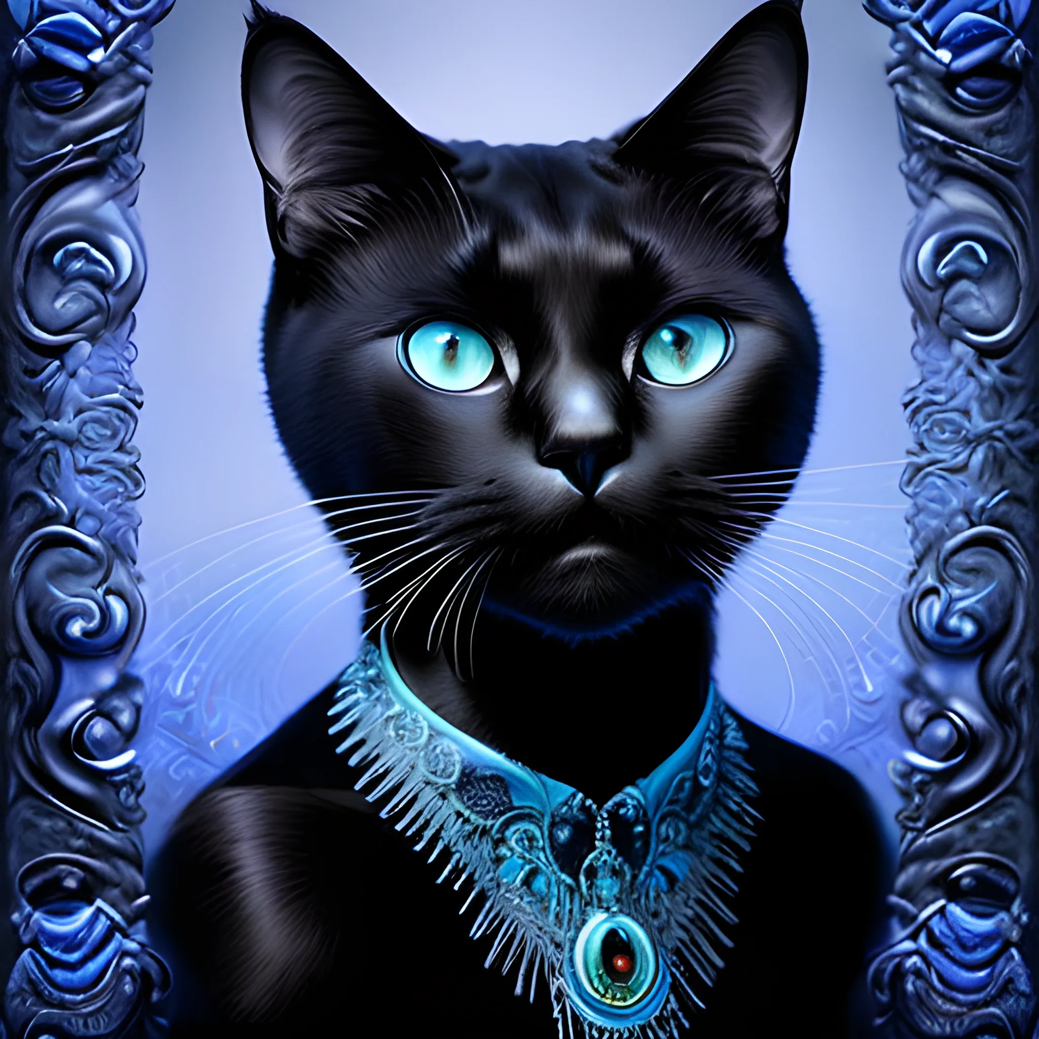 A mesmerizing digital photograph featuring a photorealistic anthropomorphic black cat. The female character, Against a blue backdrop, the artwork showcases the vibrant details. The lighting gives a sense of depth and dimension, highlighting the cat's elegant features. Facial Expression: Enigmatic and seductive. Atmosphere: Mystical and enchanting.