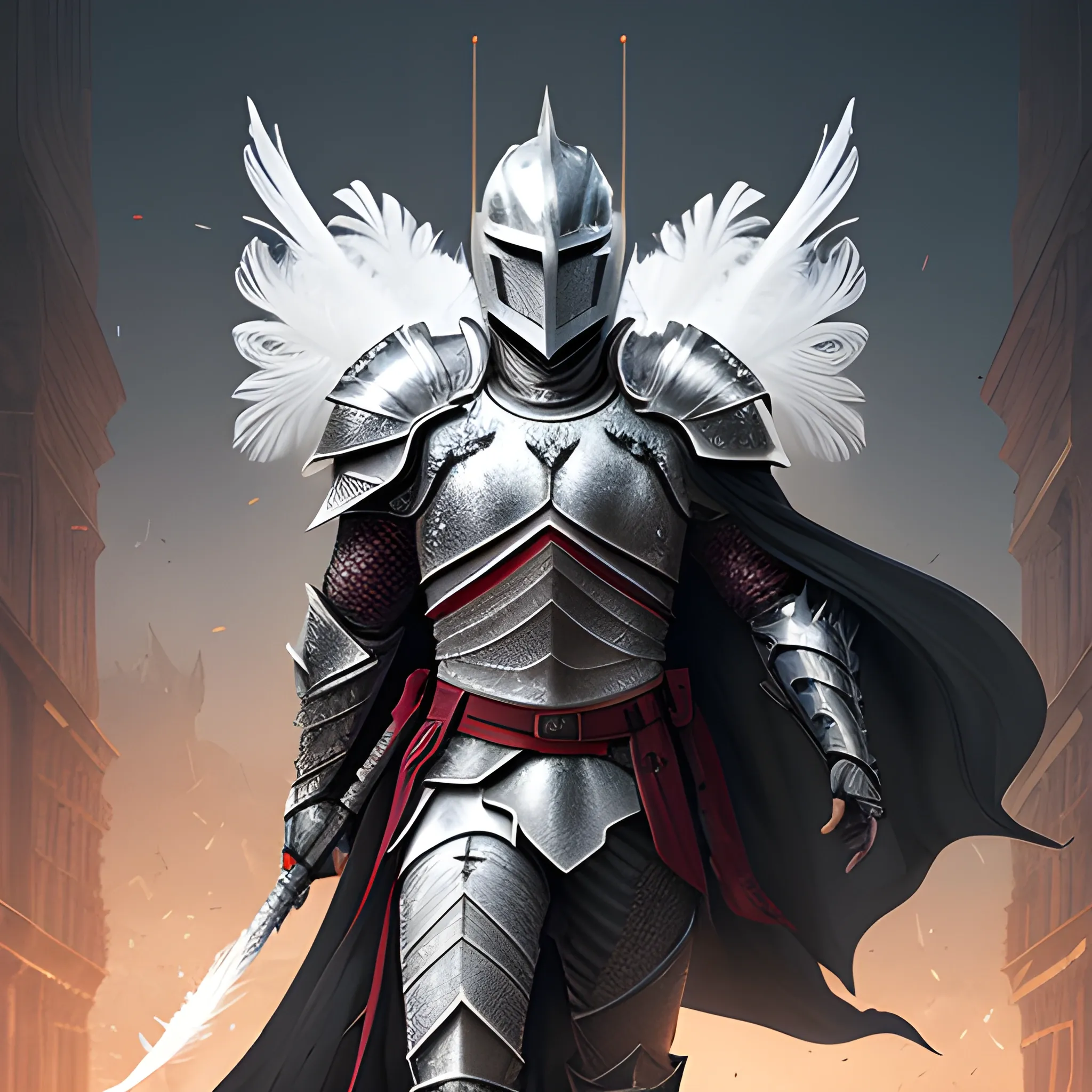 The poster depicts a white knight with intricate feather details and hints of red in the armor. The knight has intense red eyes and wears a helmet that resembles a raven, reminiscent of Batman. Their face is illuminated by carefully placed lights that enhance the sharp edges. The background is pure white, emphasizing the knight's presence. With a medium camera angle, this ultra-detailed, 8k concept art captures the knight's unwavering determination in their gaze and expression, showcasing their readiness to protect and fight for justice.