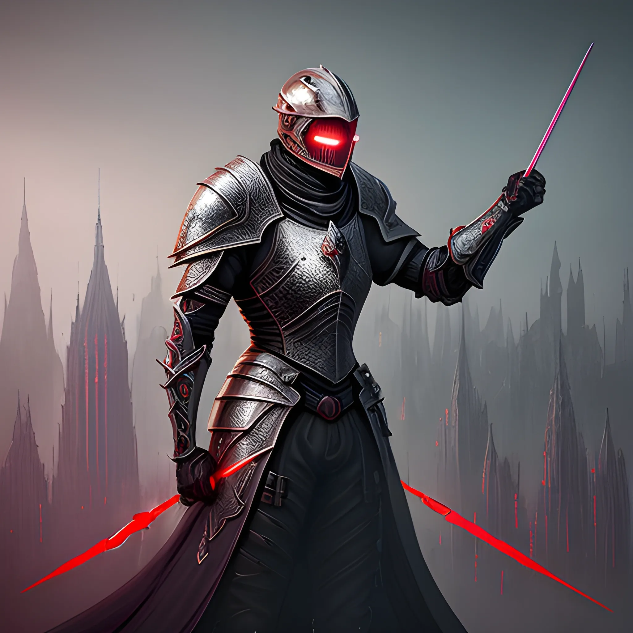 The poster showcases a white knight adorned in an intricate armor that seamlessly blends futuristic and medieval elements. Their armor features sleek lines and high-tech enhancements, while still retaining the essence of traditional medieval craftsmanship. The feather details on the armor give it an ethereal and otherworldly touch. Illuminated by a red and white background, the knight exudes an aura of power and mystique.

The helmet, reminiscent of a raven's visage, combines advanced technology with medieval design, featuring a heads-up display and integrated communication systems. Behind the helmet's tinted visor, their intense red eyes glow with an augmented vision that enhances their perception.

The surroundings reveal a futuristic cityscape with towering skyscrapers adorned with medieval-inspired architectural flourishes. Neon lights in shades of red and white illuminate the streets, casting an eerie yet captivating glow. The fusion of medieval and futuristic elements creates a unique and immersive world.

With their hand gripping a technologically advanced sword that emits a pulsating energy, the knight stands ready to defend justice and honor in this captivating blend of past and future. This ultra-detailed, 8k concept art brings to life the epic fusion of medieval and futuristic aesthetics, transporting viewers to a realm where tradition meets advanced technology.