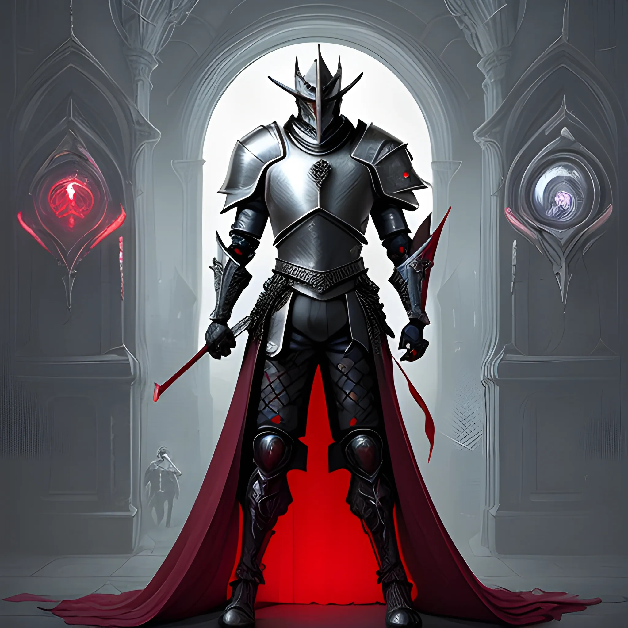 The poster showcases a white knight adorned in an intricate armor that seamlessly blends futuristic and medieval elements. Their armor features sleek lines and high-tech enhancements, while still retaining the essence of traditional medieval craftsmanship. The feather details on the armor give it an ethereal and otherworldly touch. Illuminated by a red and white background, the knight exudes an aura of power and mystique.

The helmet, reminiscent of a raven's visage, combines advanced technology with medieval design, featuring a heads-up display and integrated communication systems. Behind the helmet's tinted visor, their intense red eyes glow with an augmented vision that enhances their perception.

The surroundings reveal a futuristic cityscape with towering skyscrapers adorned with medieval-inspired architectural flourishes. Neon lights in shades of red and white illuminate the streets, casting an eerie yet captivating glow. The fusion of medieval and futuristic elements creates a unique and immersive world.

With their hand gripping a technologically advanced sword that emits a pulsating energy, the knight stands ready to defend justice and honor in this captivating blend of past and future. This ultra-detailed, 8k concept art brings to life the epic fusion of medieval and futuristic aesthetics, transporting viewers to a realm where tradition meets advanced technology.