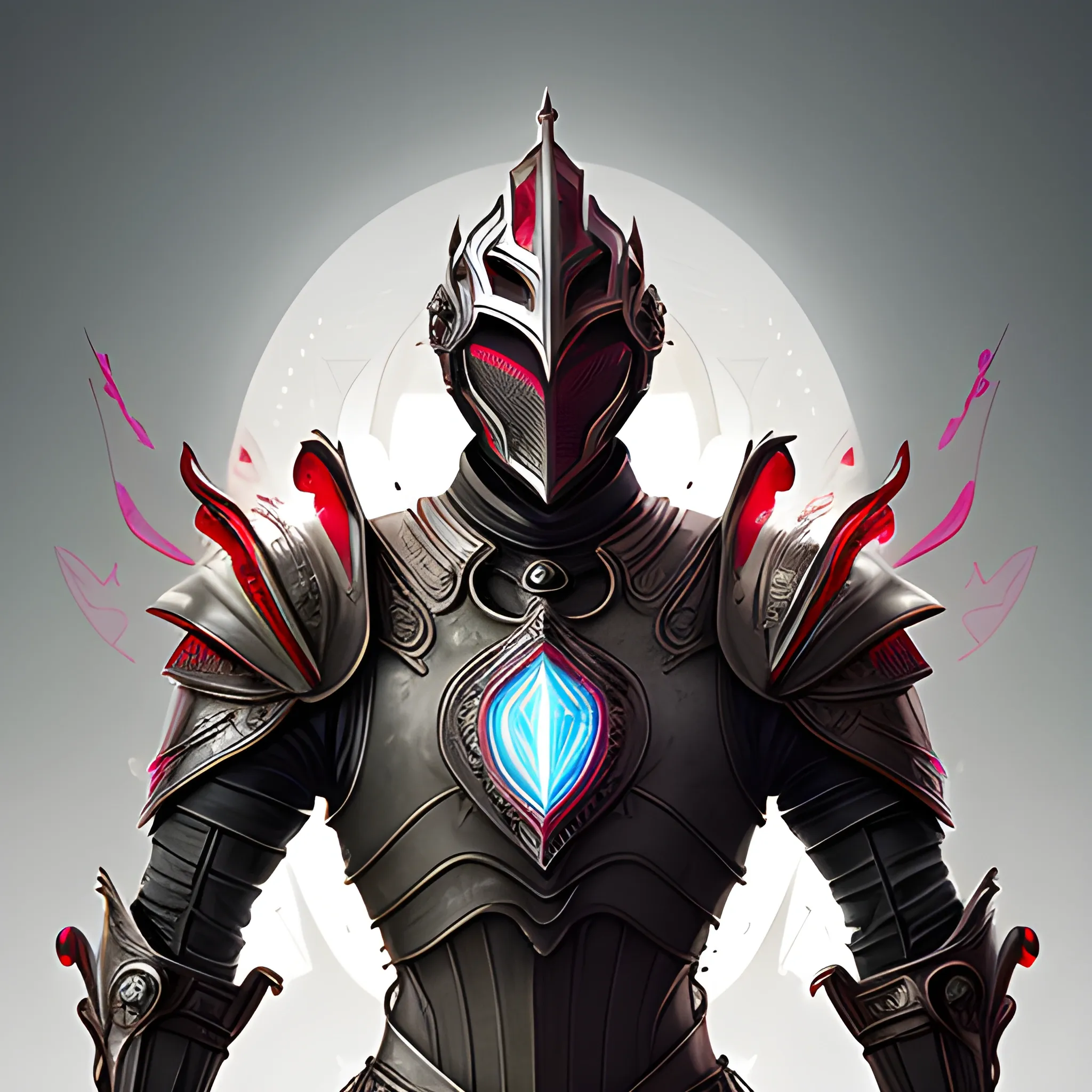 The poster showcases a white knight adorned in an intricate armor that seamlessly blends futuristic and medieval elements. Their armor features sleek lines and high-tech enhancements, while still retaining the essence of traditional medieval craftsmanship. The feather details on the armor give it an ethereal and otherworldly touch. Illuminated by a red and white background, the knight exudes an aura of power and mystique.

The helmet, reminiscent of a raven's visage, combines advanced technology with medieval design, featuring a heads-up display and integrated communication systems. Behind the helmet's tinted visor, their intense red eyes glow with an augmented vision that enhances their perception.

The surroundings reveal a futuristic cityscape with towering skyscrapers adorned with medieval-inspired architectural flourishes. Neon lights in shades of red and white illuminate the streets, casting an eerie yet captivating glow. The fusion of medieval and futuristic elements creates a unique and immersive world.

With their hand gripping a technologically advanced sword that emits a pulsating energy, the knight stands ready to defend justice and honor in this captivating blend of past and future. This ultra-detailed, 8k concept art brings to life the epic fusion of medieval and futuristic aesthetics, transporting viewers to a realm where tradition meets advanced technology.