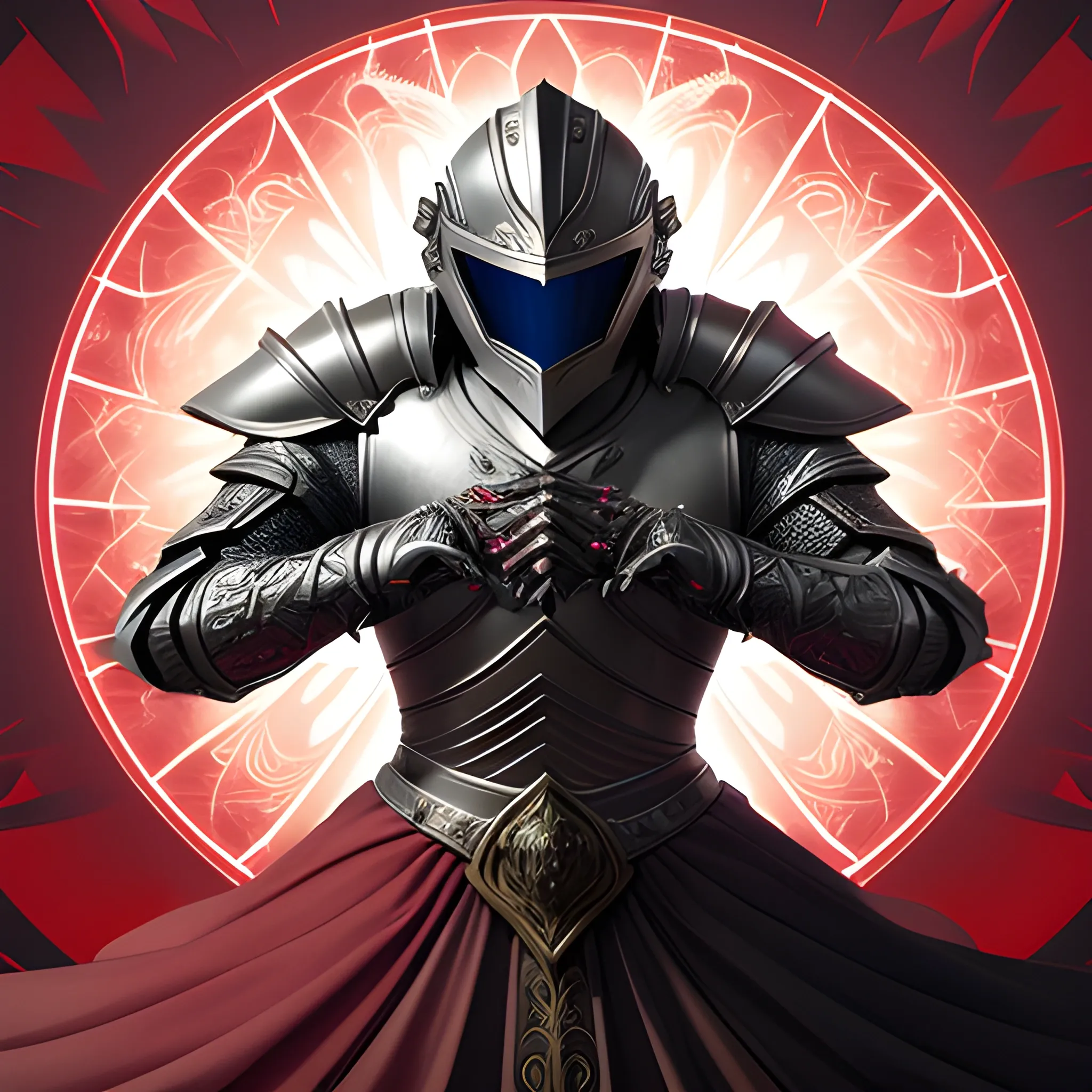 Within the avatar's frame, a white knight stands proudly, donning a magnificent suit of armor that seamlessly merges futuristic and medieval elements. The armor exudes an ethereal glow, with ornate feather patterns and intricate engravings adorning every surface. The helmet is the centerpiece, combining the majestic design of a medieval visor with advanced technology. Its curved shape resembles a raven in flight, conveying an air of mystery and power.

The helmet features a red-tinted visor that shields the knight's face, yet glows with an otherworldly crimson radiance. A heads-up display within the visor offers a futuristic overlay, displaying vital information and enhancing the knight's perception of the world.

The background, a striking blend of red and white, enhances the knight's presence. Dynamic patterns of swirling energy in shades of crimson and ivory emanate from the edges, symbolizing the fusion of medieval heritage and futuristic power.

Within this avatar's frame, the knight represents an ideal of honor and strength. The intricate details of the helmet and armor, along with the vibrant red and white backdrop, create a captivating visual feast, drawing viewers into a realm where past and future collide in a harmonious union