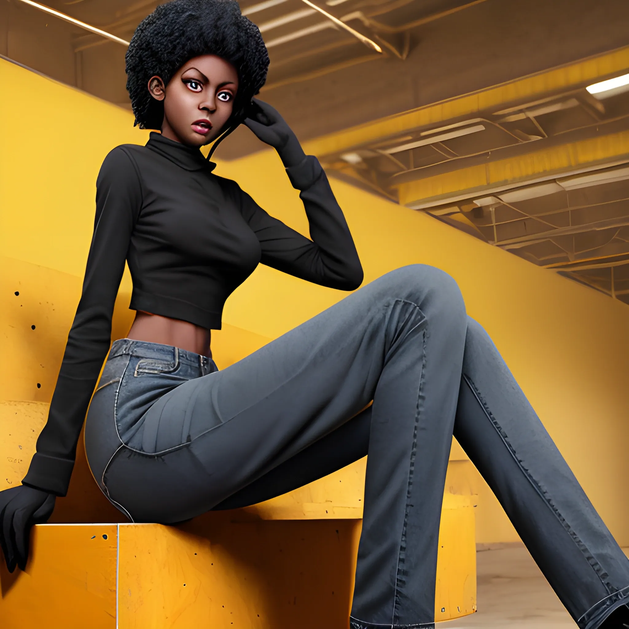 anthropomorphic black female cat, yellow eyes, jeans, no blouse.