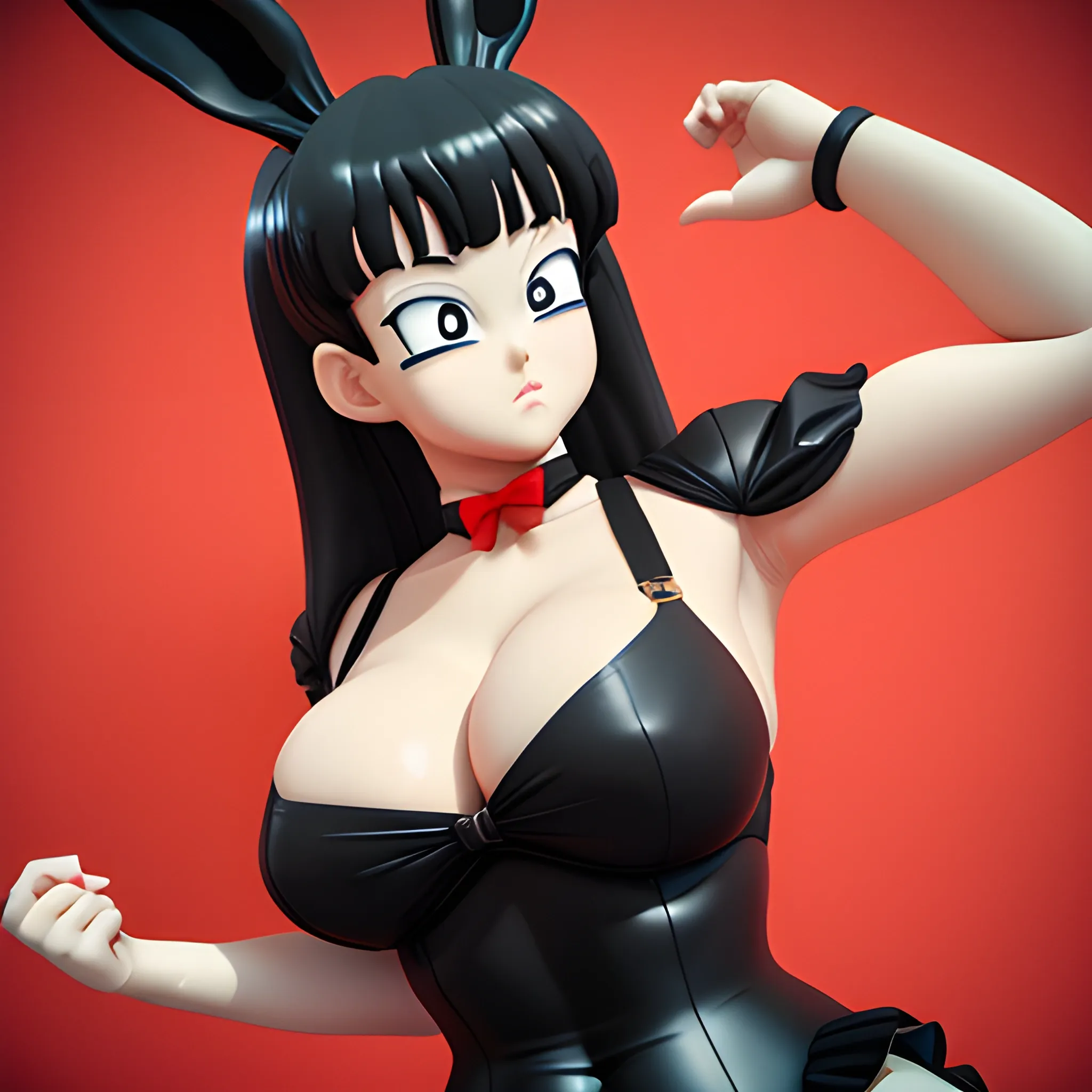 (masterpiece), best quality, expressive eyes, perfect face, , dragon ball, large breasts, playboy bunny, rabbit ears, black pantyhose, long hair, blunt bangs, red bowtie, wrist cuffs, black leotard, <lora:bulma_v1:0.7>, 3D