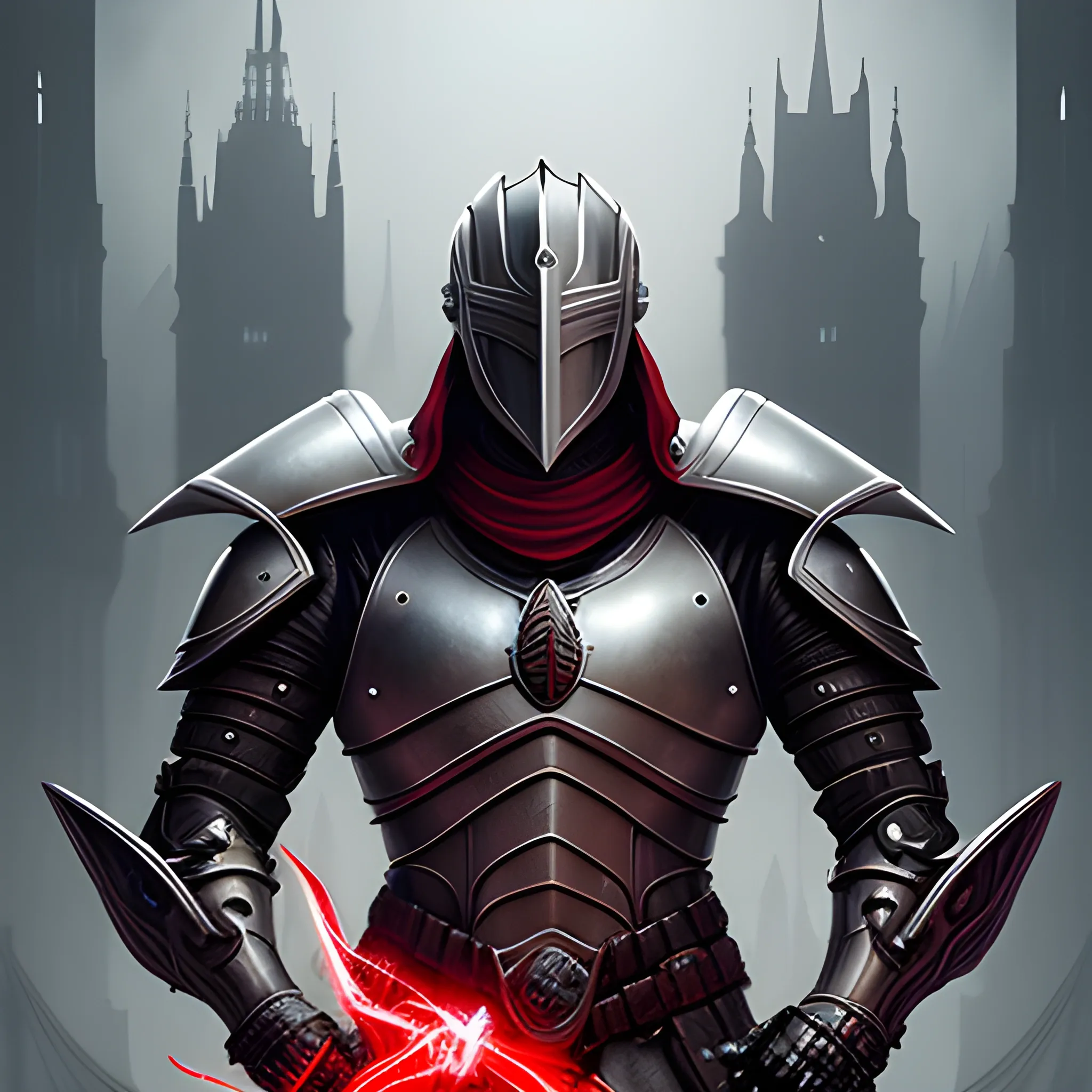 The poster showcases a white knight adorned in an intricate armor that seamlessly blends futuristic and medieval elements. Their armor features sleek lines and high-tech enhancements, while still retaining the essence of traditional medieval craftsmanship. The feather details on the armor give it an ethereal and otherworldly touch. Illuminated by a red and white background, the knight exudes an aura of power and mystique.

The helmet, reminiscent of a raven's visage, combines advanced technology with medieval design, featuring a heads-up display and integrated communication systems. Behind the helmet's tinted visor, their intense red eyes glow with an augmented vision that enhances their perception.

The surroundings reveal a futuristic cityscape with towering skyscrapers adorned with medieval-inspired architectural flourishes. Neon lights in shades of red and white illuminate the streets, casting an eerie yet captivating glow. The fusion of medieval and futuristic elements creates a unique and immersive world.

With their hand gripping a technologically advanced sword that emits a pulsating energy, the knight stands ready to defend justice and honor in this captivating blend of past and future. This ultra-detailed, 8k concept art brings to life the epic fusion of medieval and futuristic aesthetics, transporting viewers to a realm where tradition meets advanced technology.