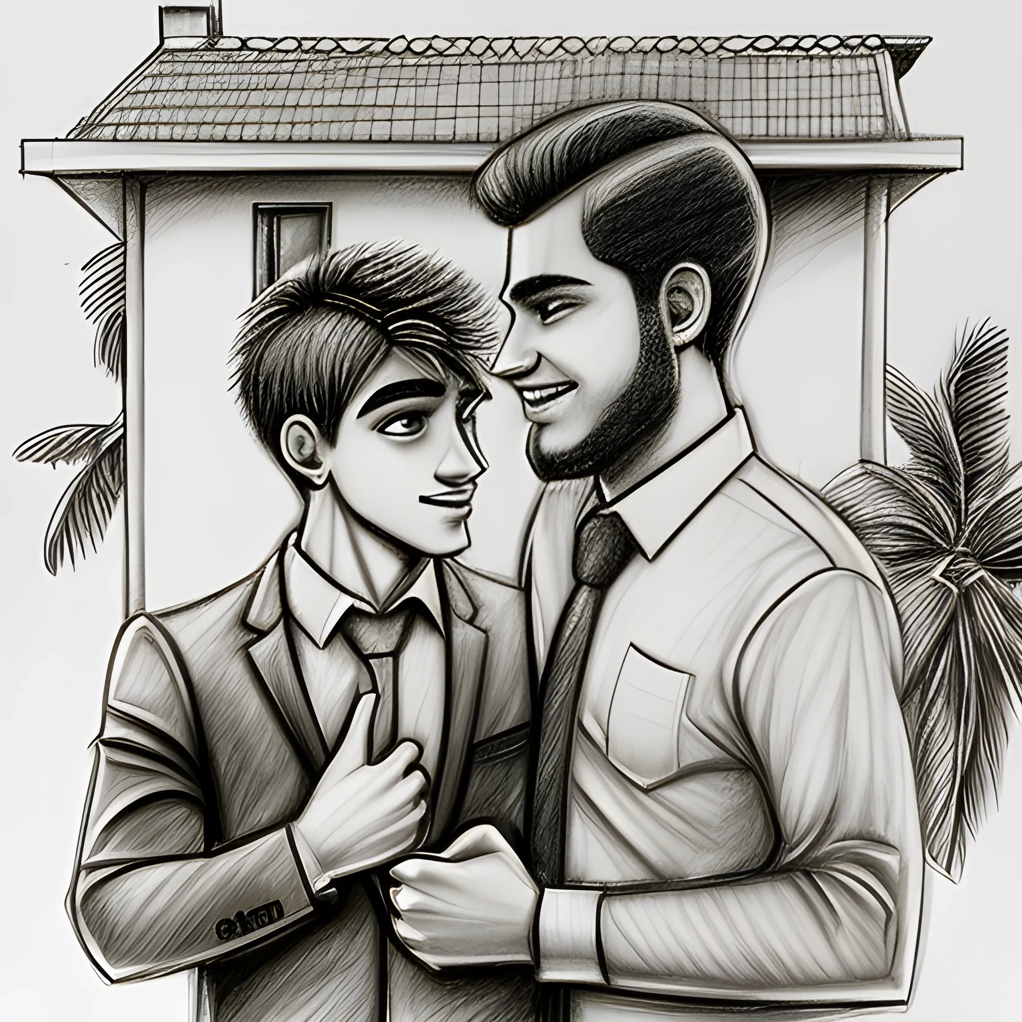 DOIS HOMENS CONVERSANDOEM FRENTE A UMA CASA BONITA, Pencil Sketch, Cartoon