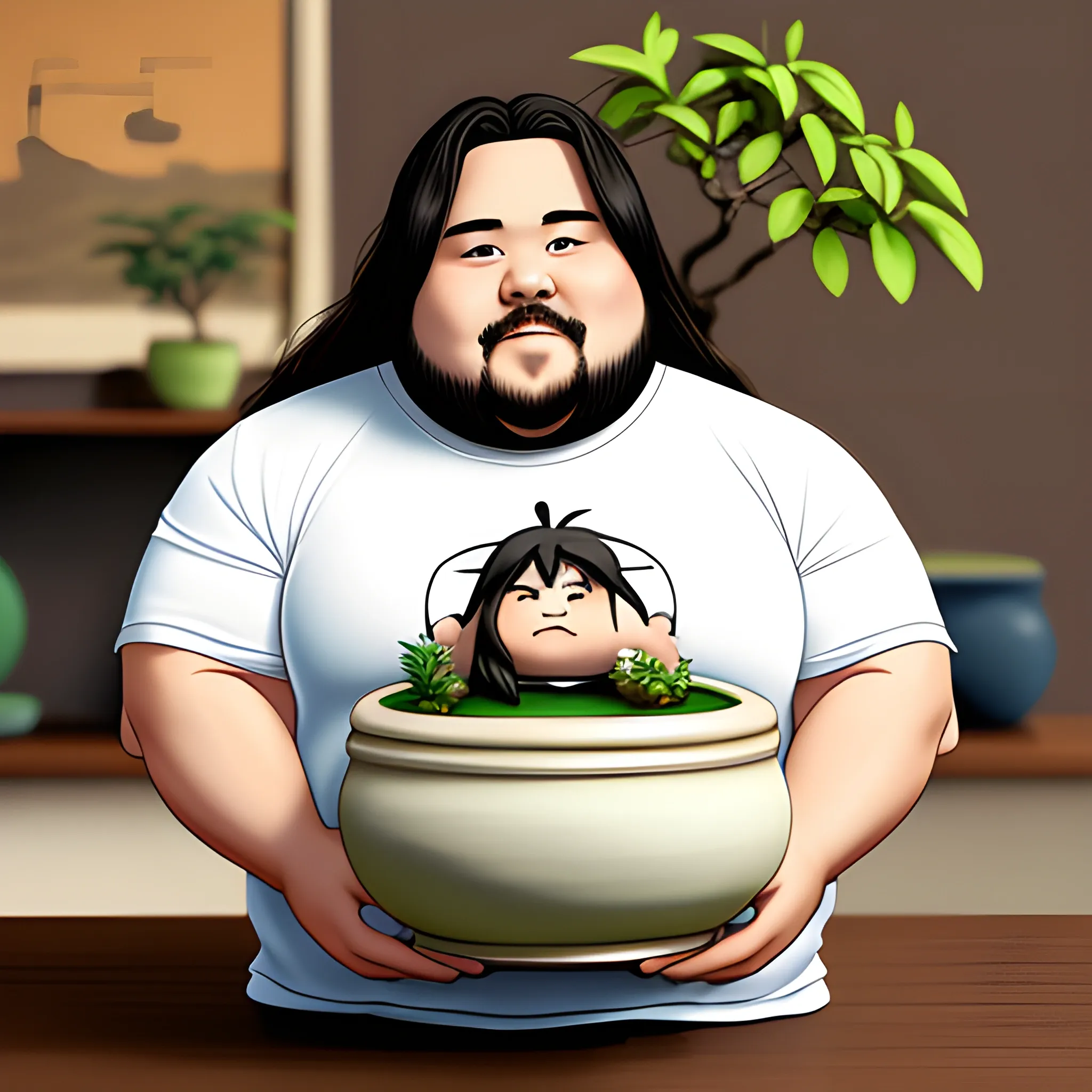 chibi fat man with long hair, wearing a white gym shirt, holding a bonsai pot
