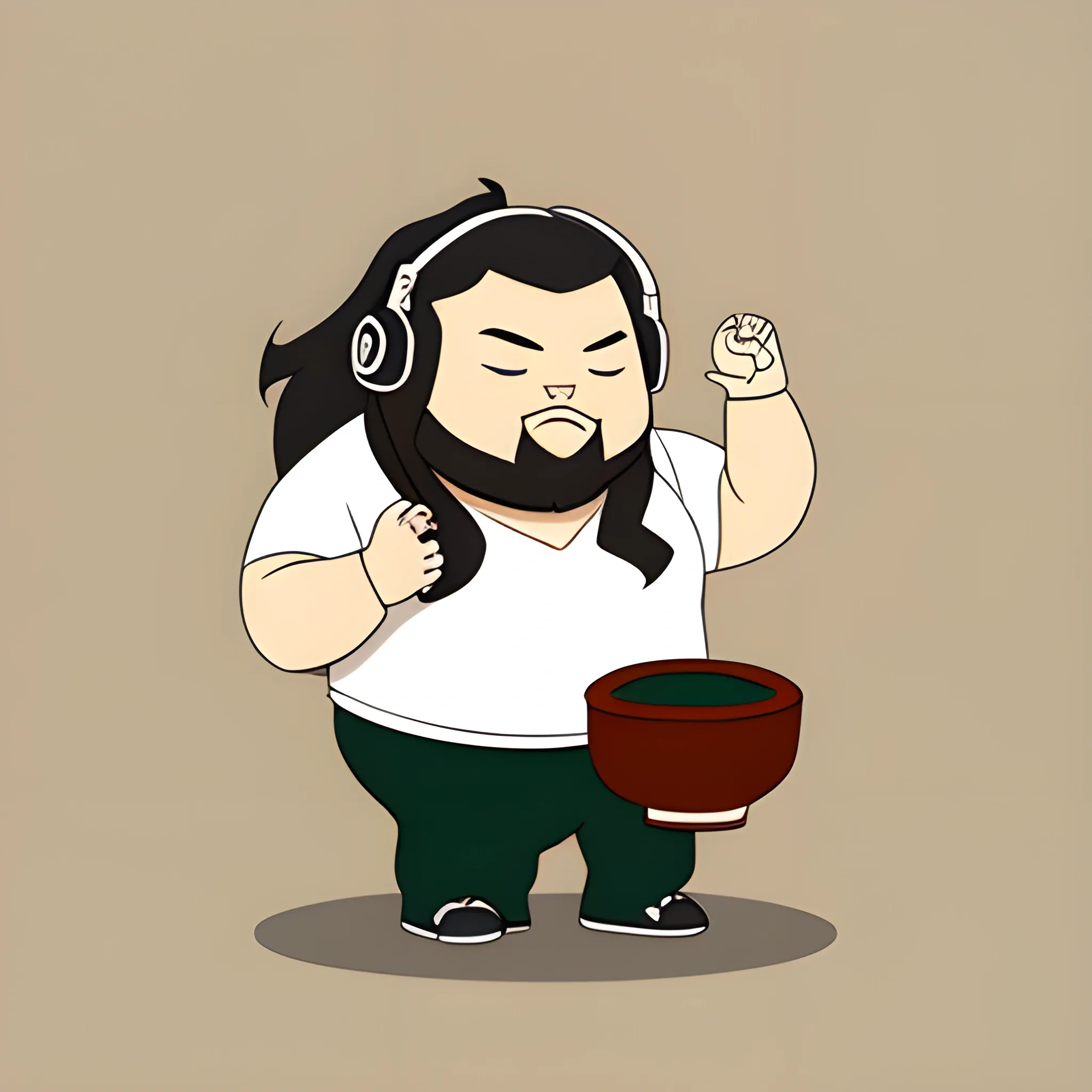 chibi fat man with long hair, wearing a white gym shirt, holding a bonsai pot and wearing a headphone