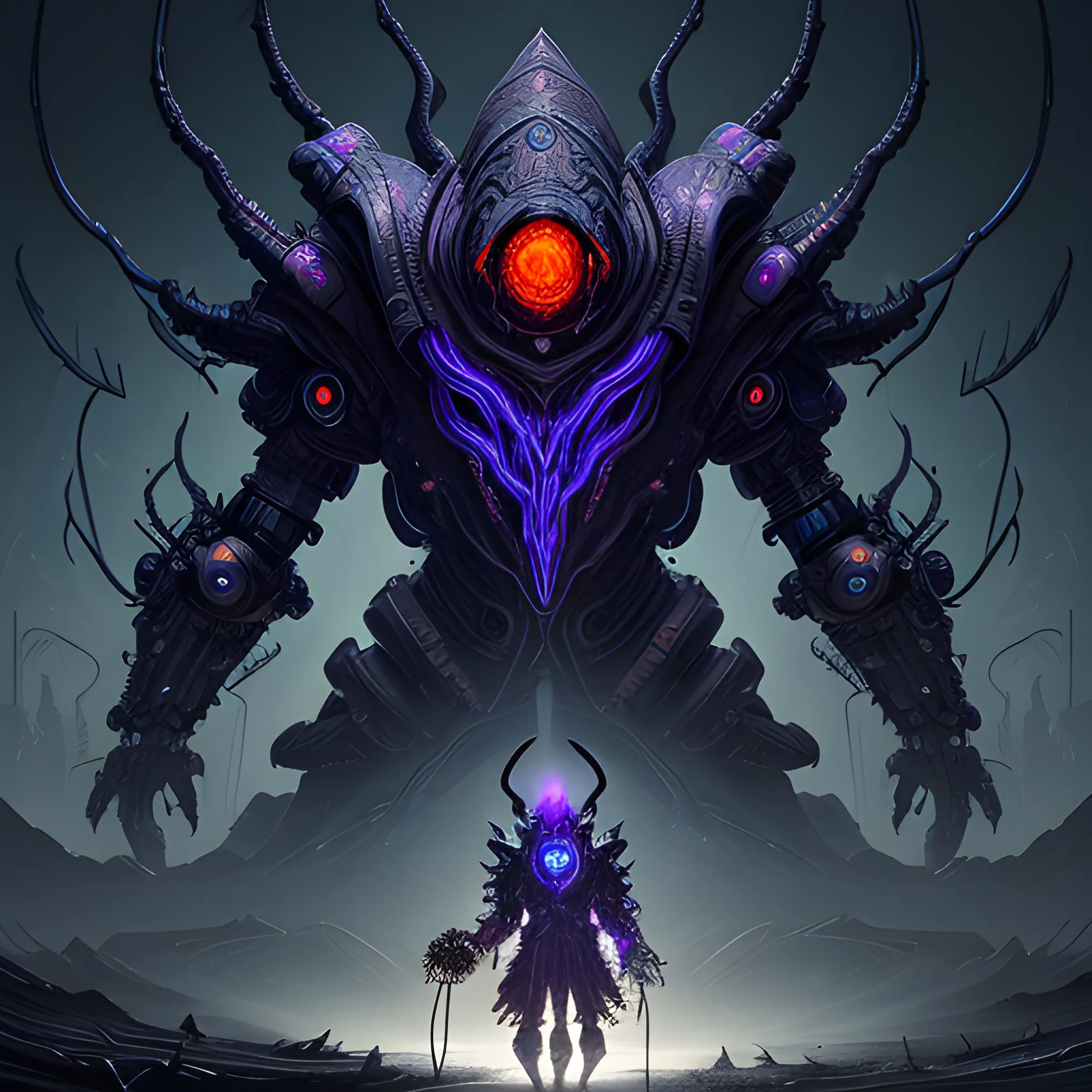 giant hooded cosmic horror eldritch god mech wearing a witch doctor mask walking in a landscape made up of bio mass, bio mechanical, dark background, detailed background, hyper realistic, Electric Colors, Melancholic, Unreal Engine, dreamlikeart