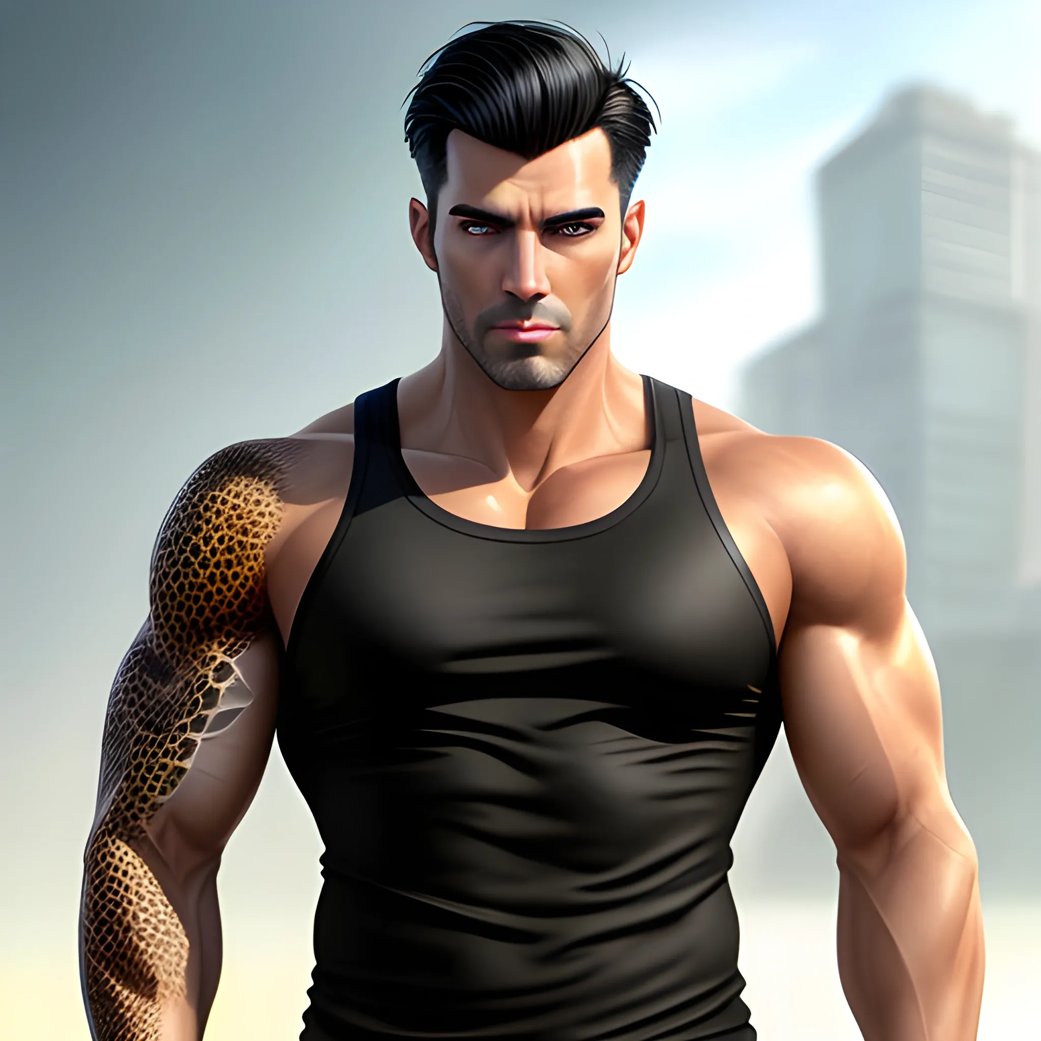 young handsome guy, ideal body, a clean shave,  long portrait, cargo pants,  black hair, short hair, hiperrealistic, 8K, skin texture, white skin, natural skin texture, photorealistic painting, sharp focus, cinematic smoothness,full body, face enhancer, a leopard tank behind him,"width": 800,
"height": 1200, 