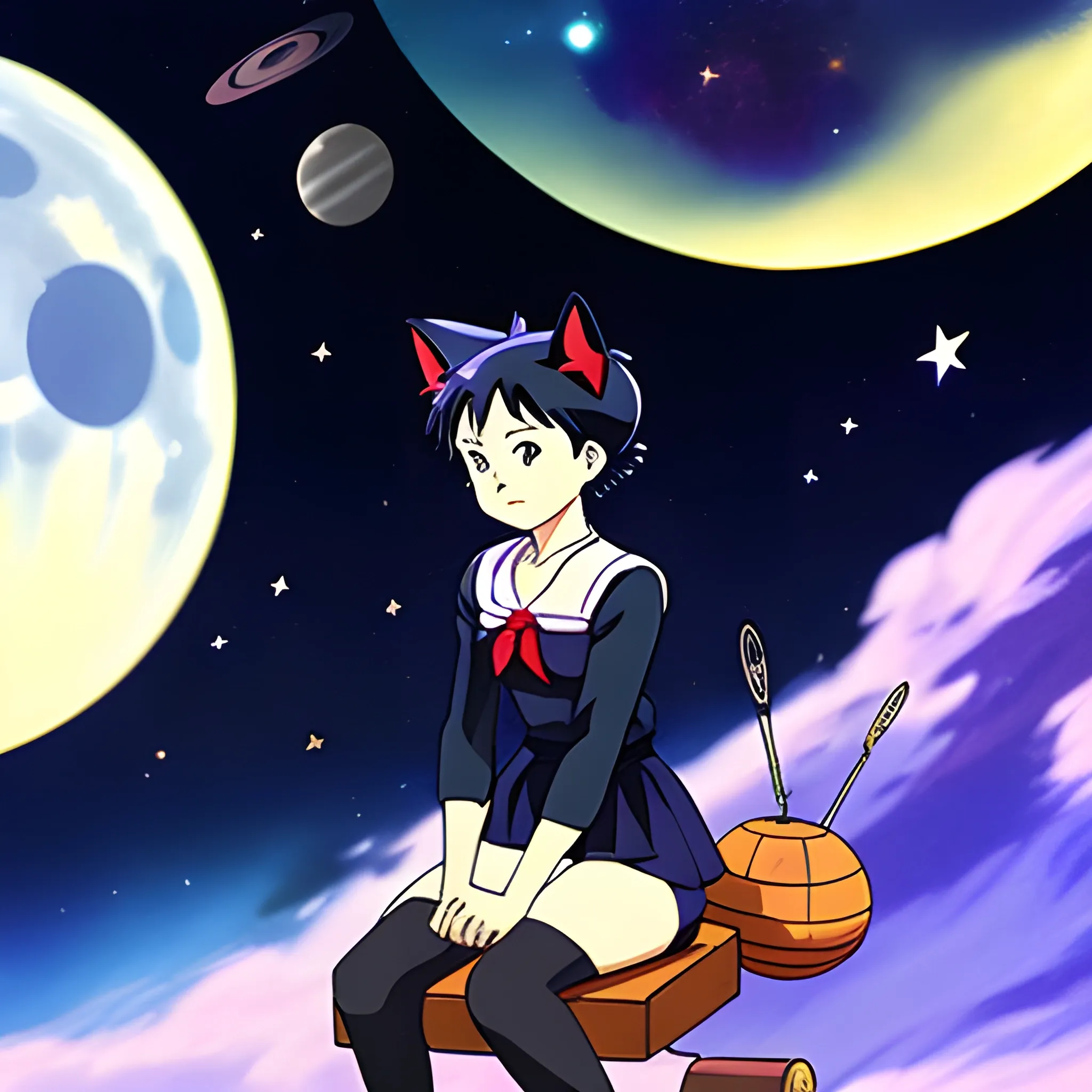 Kiki's delivery service in space galaxy stardust Moon fantasy anime