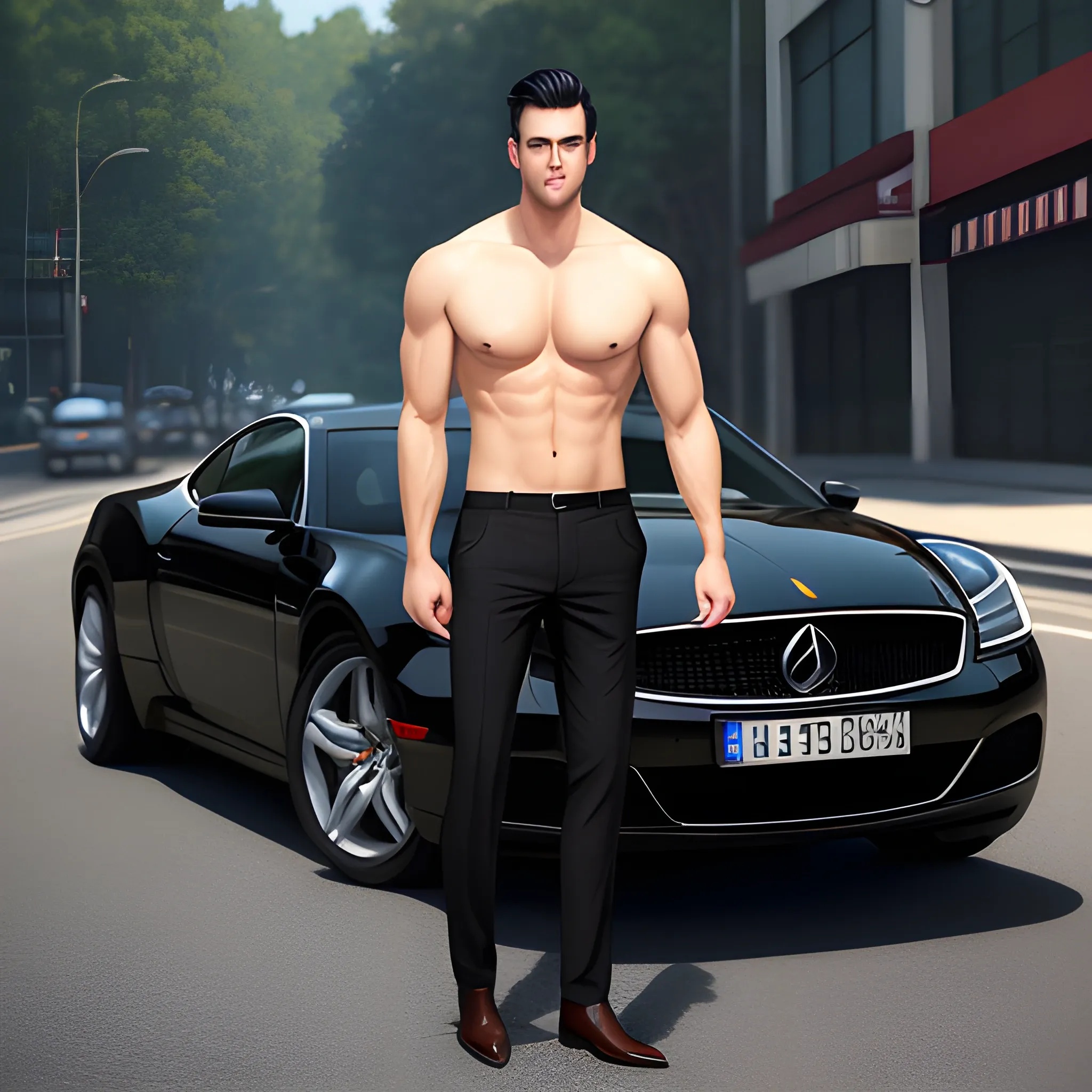 young handsome guy, ideal body, a clean shave,  long portrait, short pants,  black hair, short hair, hiperrealistic, 8K, skin texture, white skin, natural skin texture, photorealistic painting, sharp focus, cinematic smoothness, full body, face enhancer, a car behind him,"width": 800,
"height": 1200, 