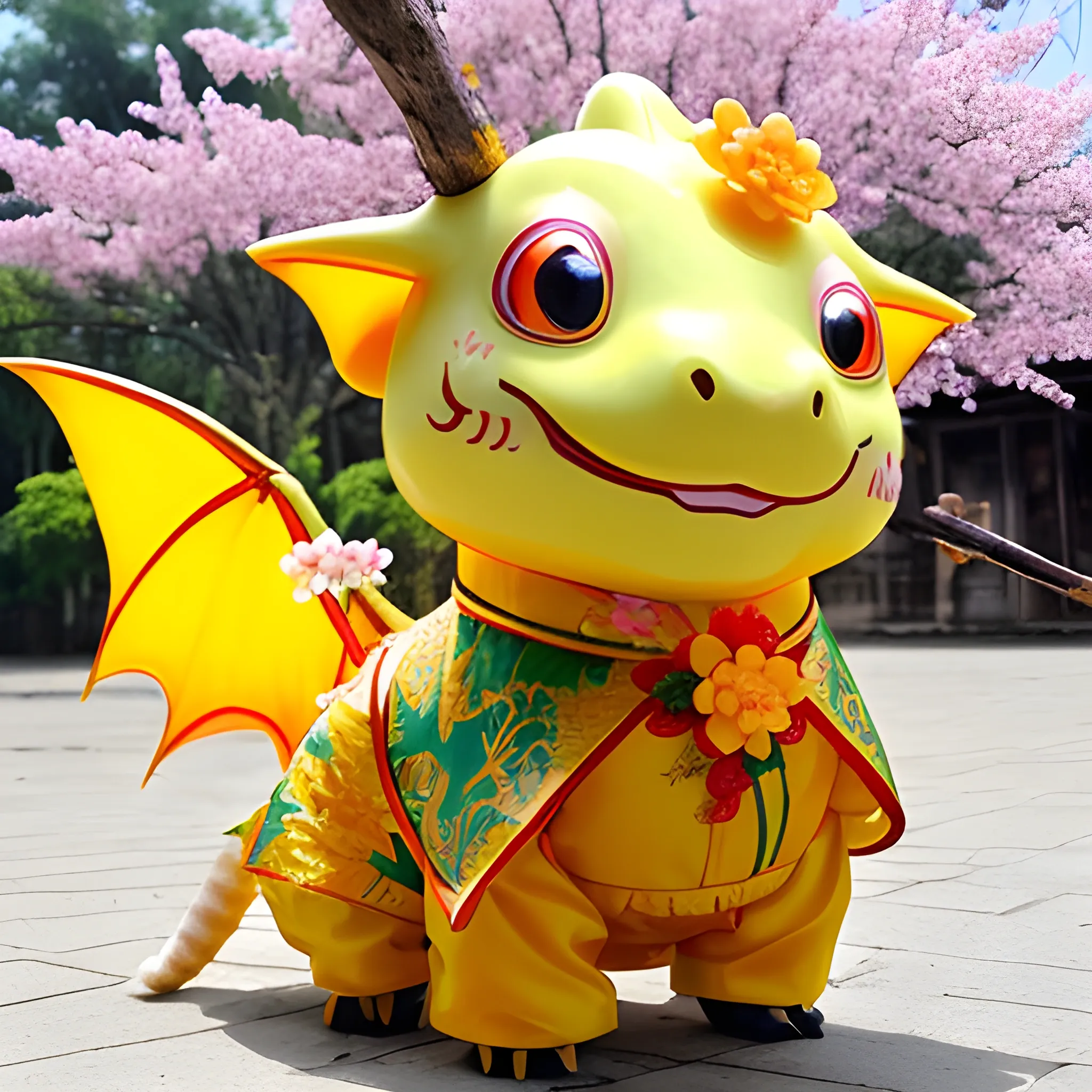 a cute dragon in vietnamese new year clothes, it hold a stick of yellow apricot blossom