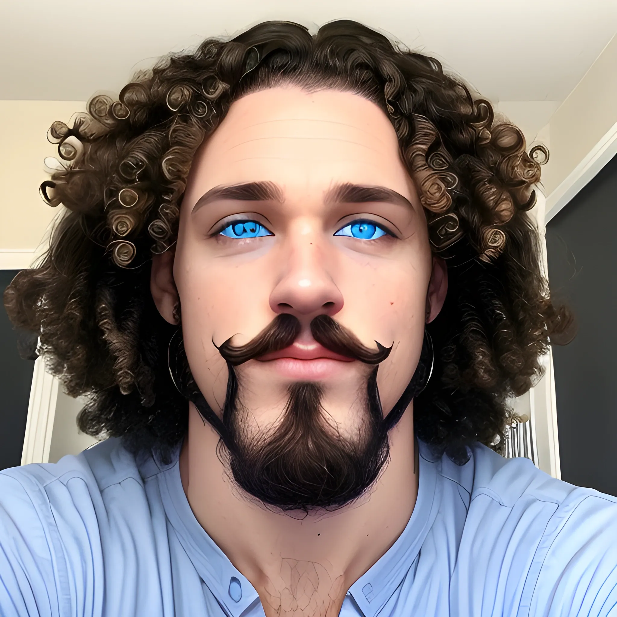 White man dark curly hair goatee blue eyes