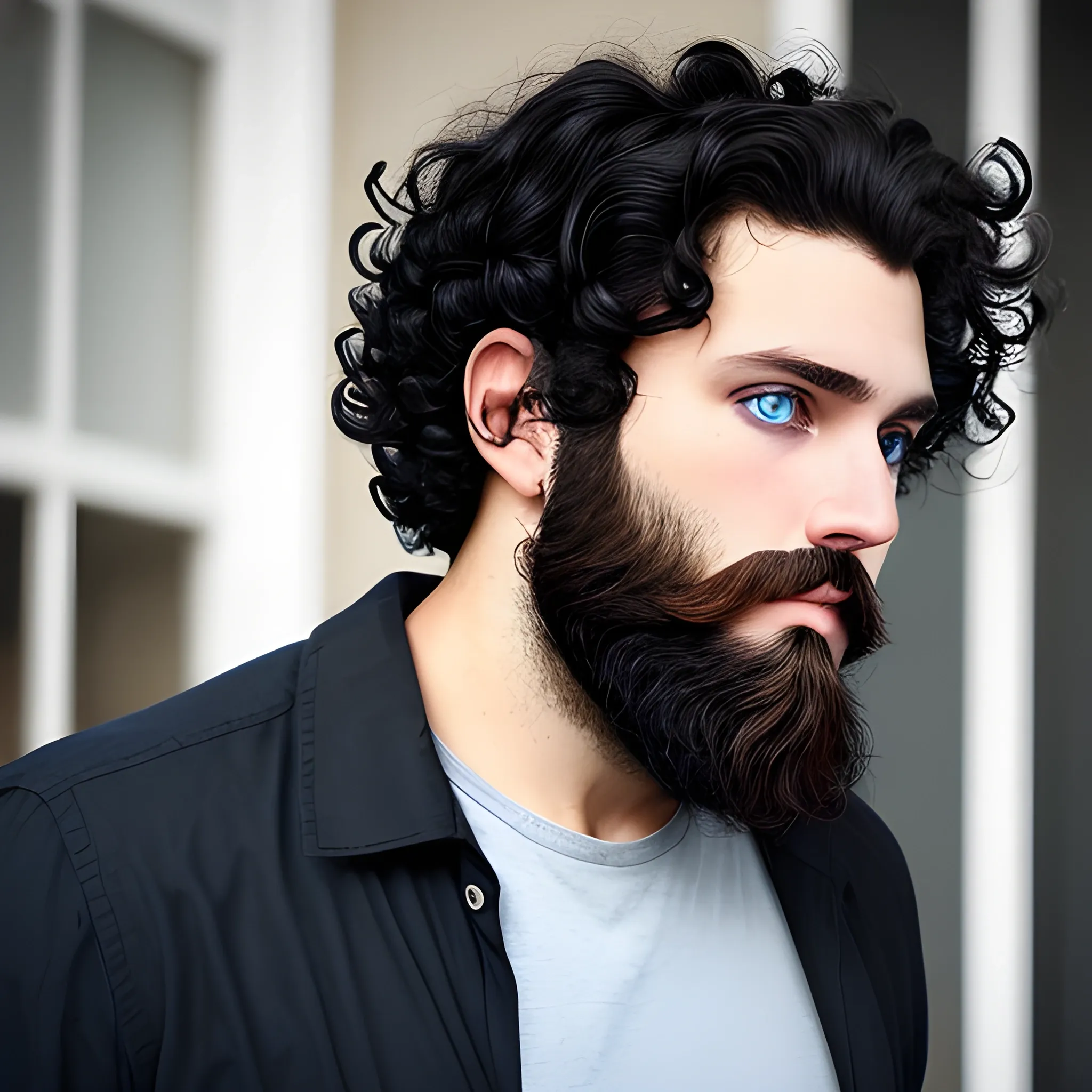man dark black curly hair beard blue eyes