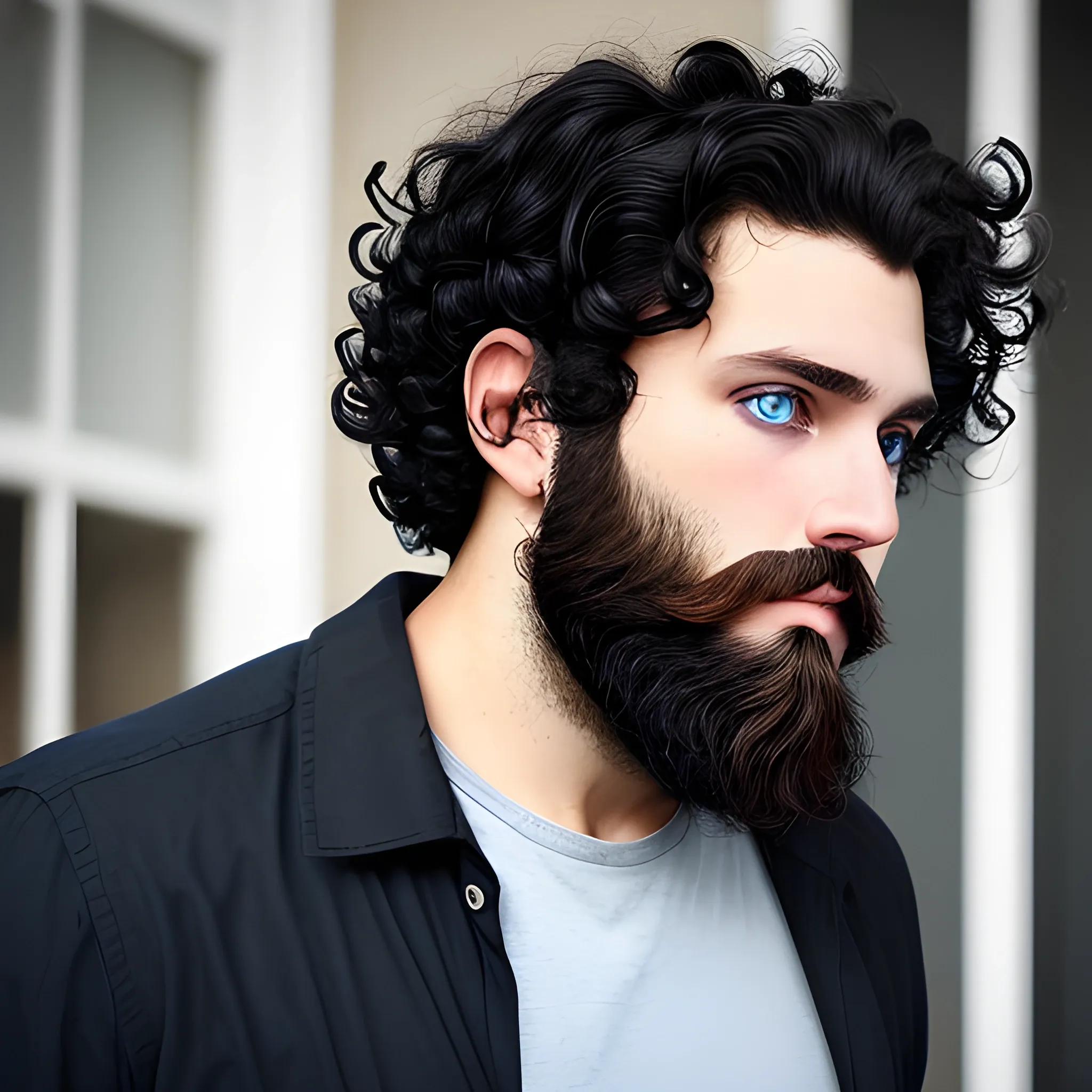 Man Dark Black Curly Hair Beard Blue Eyes Arthub ai