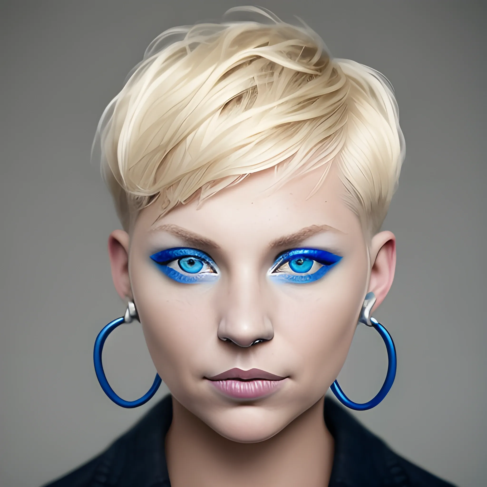 A woman with short blonde hair, septum ring, blue eyes portrait