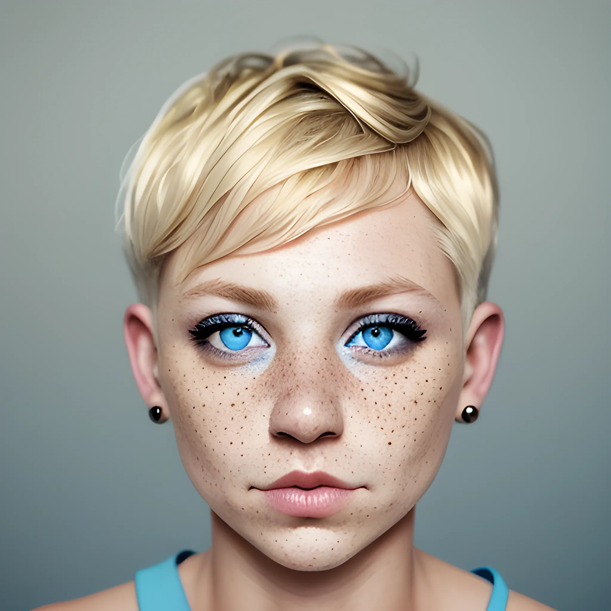 A woman with short blonde hair, septum ring, blue eyes portrait, round nose, freckles