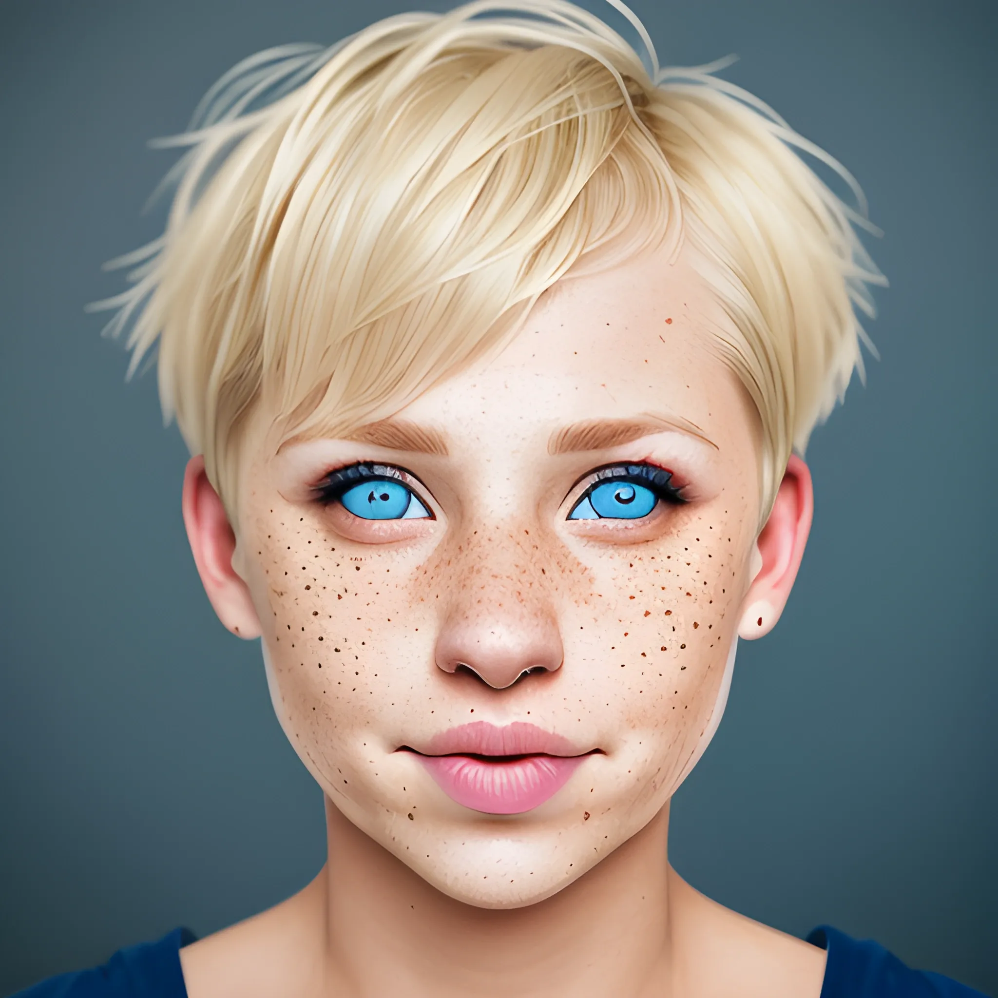 A woman with short blonde hair, septum ring, blue eyes portrait, round nose, freckles happy