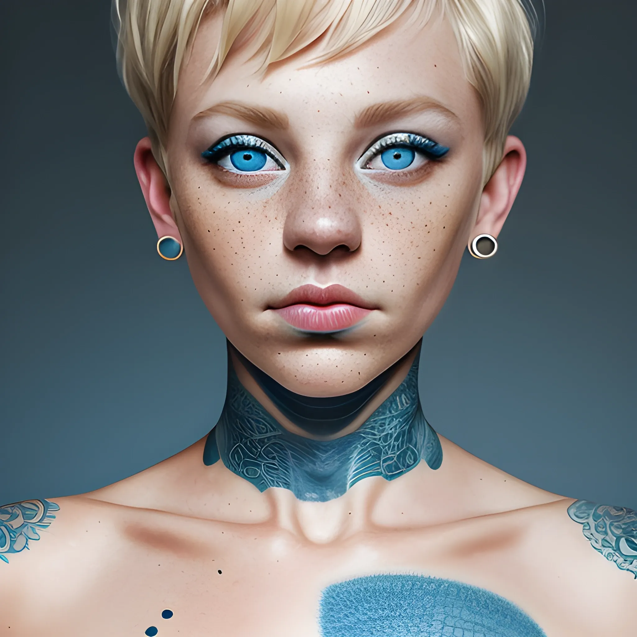 A woman with short blonde hair, septum ring, blue eyes portrait, round nose, freckles goddess