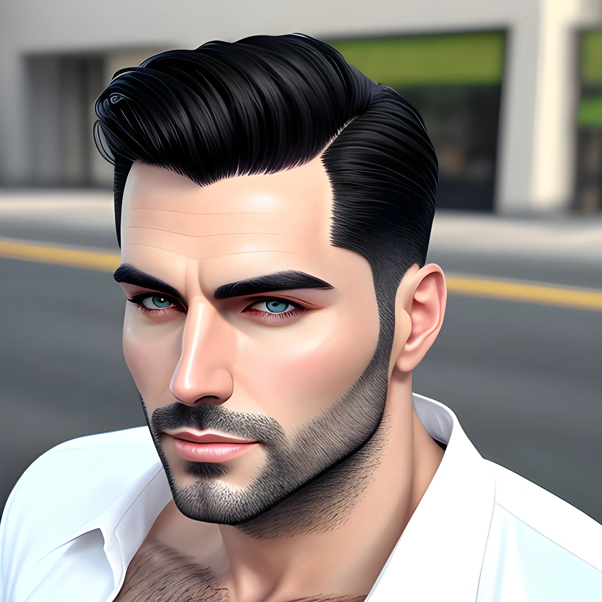 young handsome guy, ideal body, a clean shave,  long portrait, short pants,  black hair, short hair, photorealistic, 8K, skin texture, white skin, natural skin texture, photorealistic painting, sharp focus, cinematic smoothness, full body, face enhancer, a car behind him,"width": 800,
"height": 1200, 