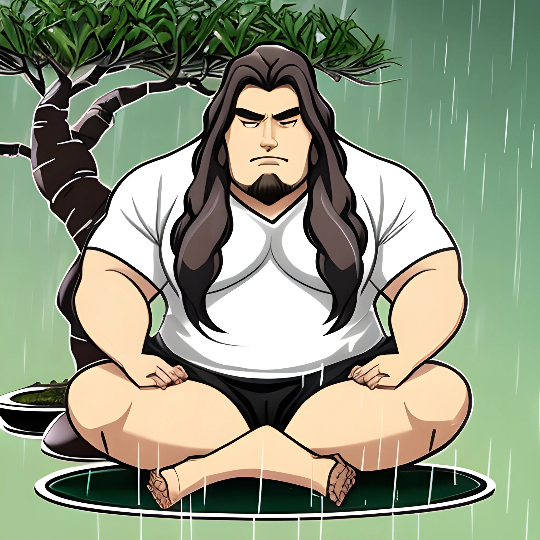 a big man with long hair, wearing a white gym shirt,  sitting under the rain beside a bonsai tree, chibi style
