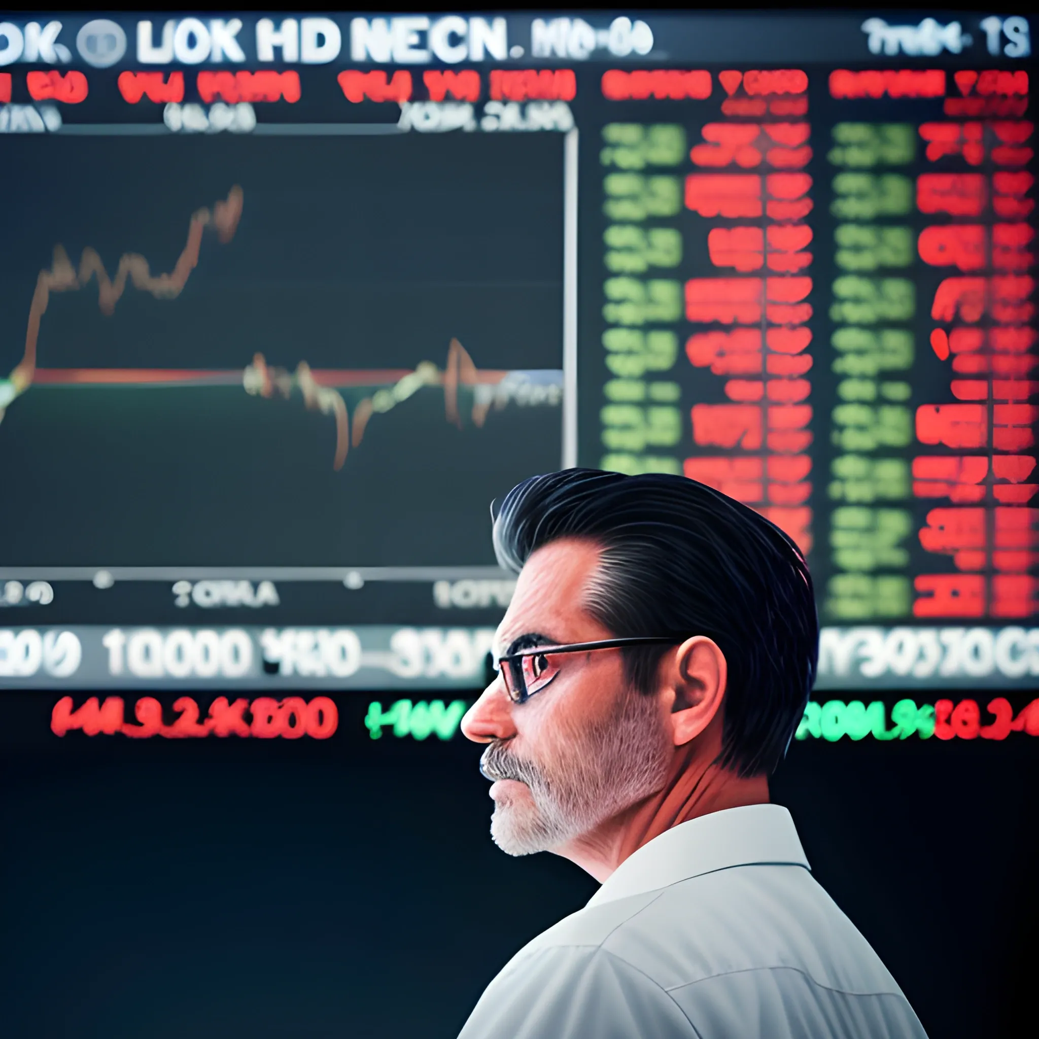 RAW photo, trader watching a stock market with stock tycoons name on the screen, demonic, 8k uhd, dslr, soft lighting, high quality, film grain, Fujifilm XT3, 3D