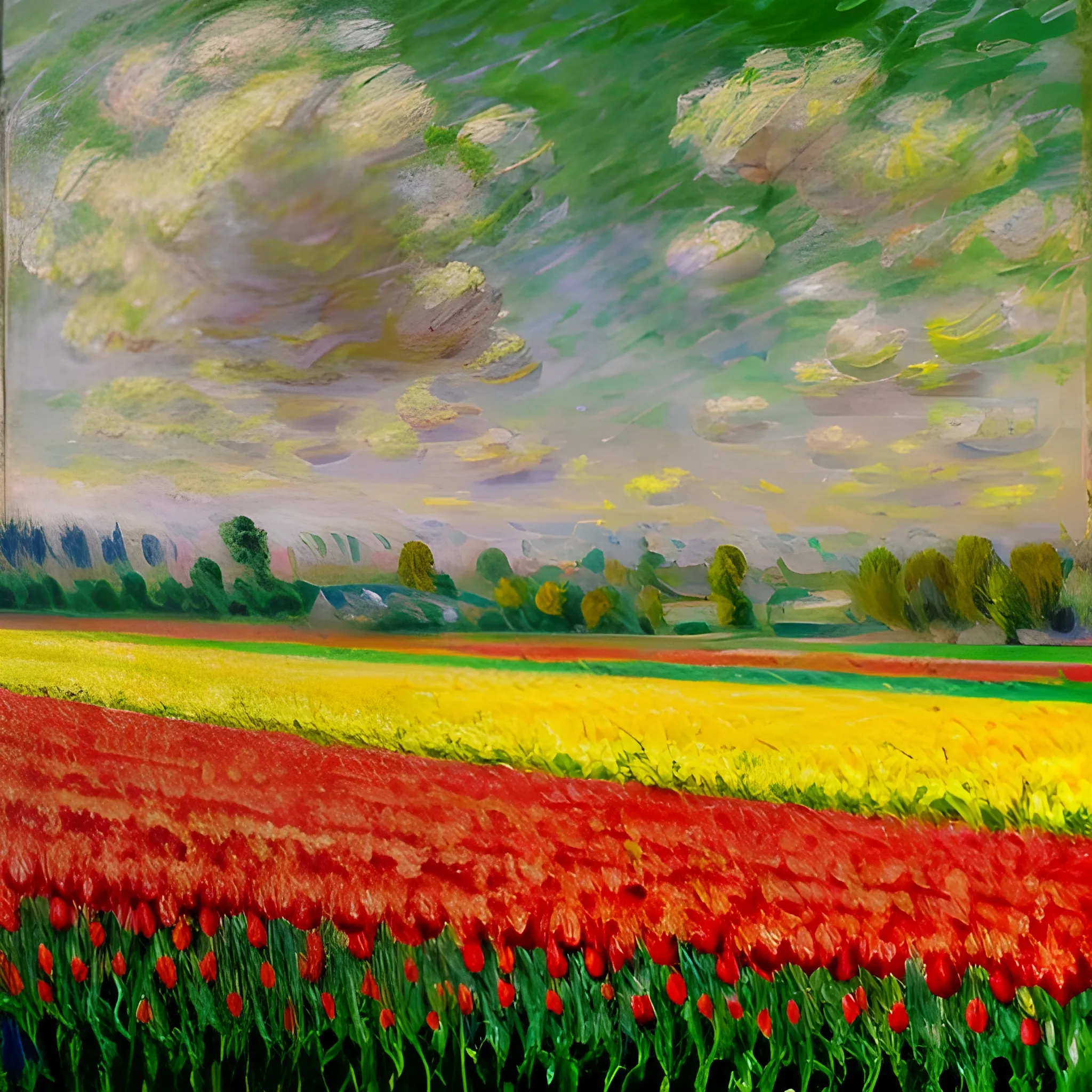 Tulips Filed Oil Painting. Monet, brushstrokes, muted, landscape, clouds, yellow, green, red, impressionism
