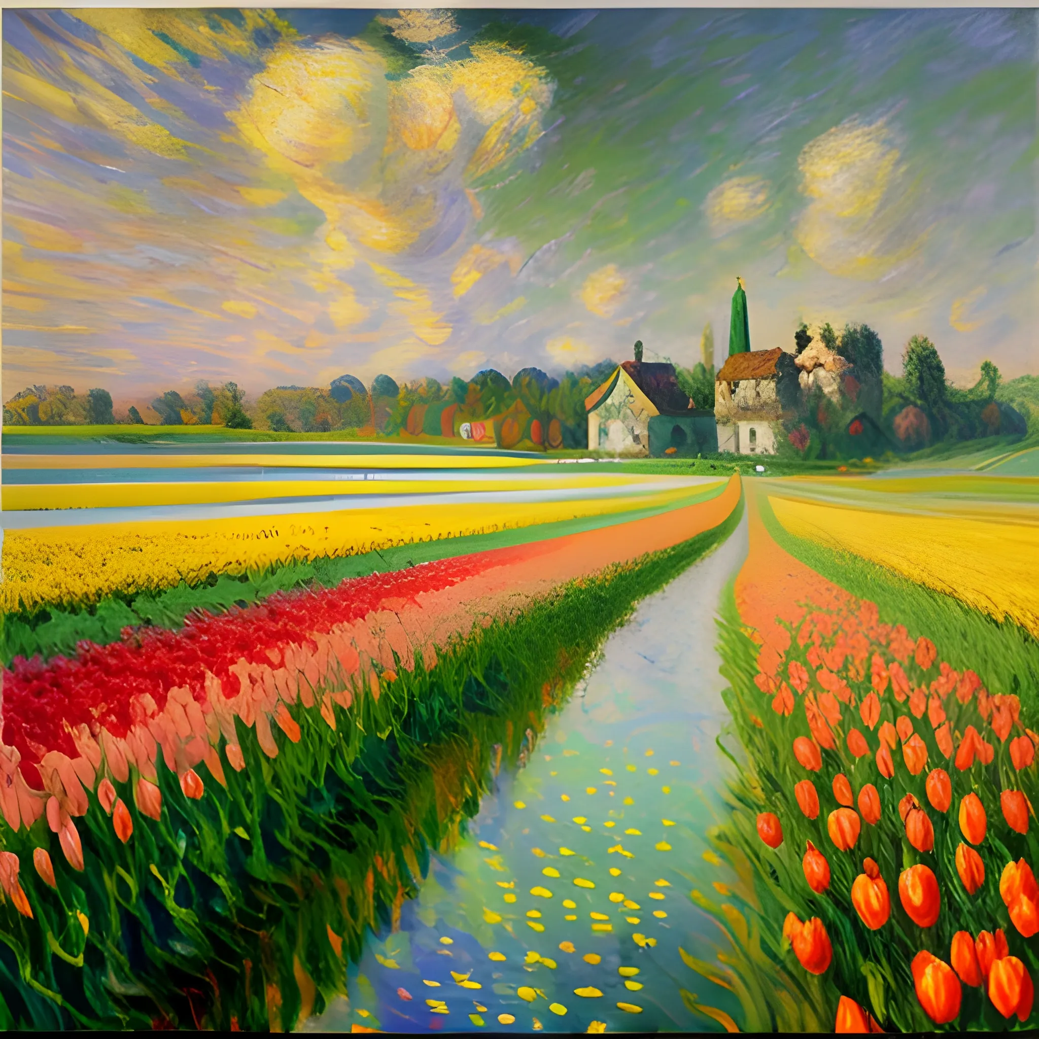 Tulips Filed Oil Painting. Monet, brushstrokes, muted, landscape, rural, clouds, blue, white, yellow, green, red, impressionism, highly detailed, artstation, masterpiece, award - winning 
