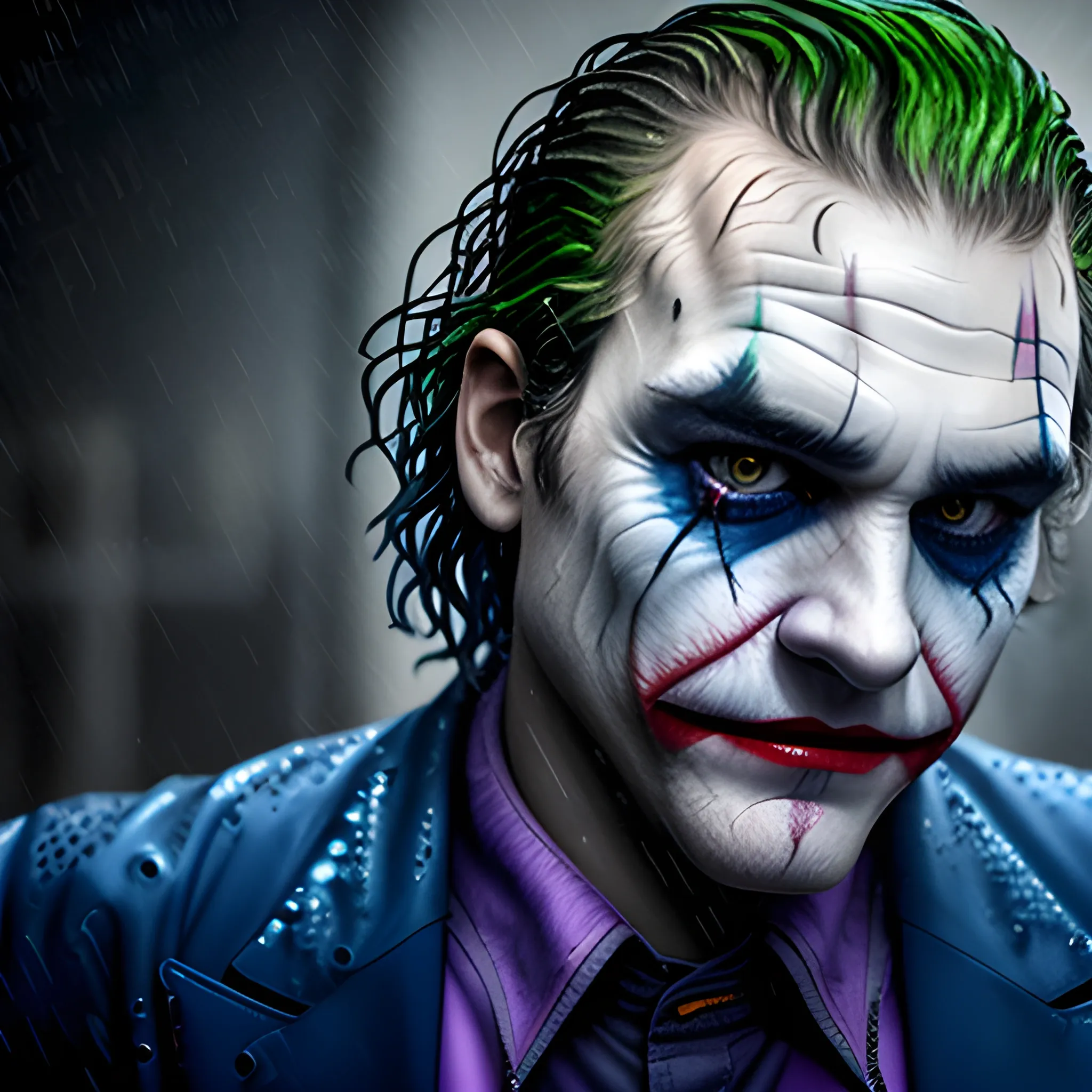 photorealistic image of joaquim phoenix as the joker soaked in water, full body, ominous smile, dimmed lighting, blue painted wet hair, wet makeup, evil grim, bokeh lighting