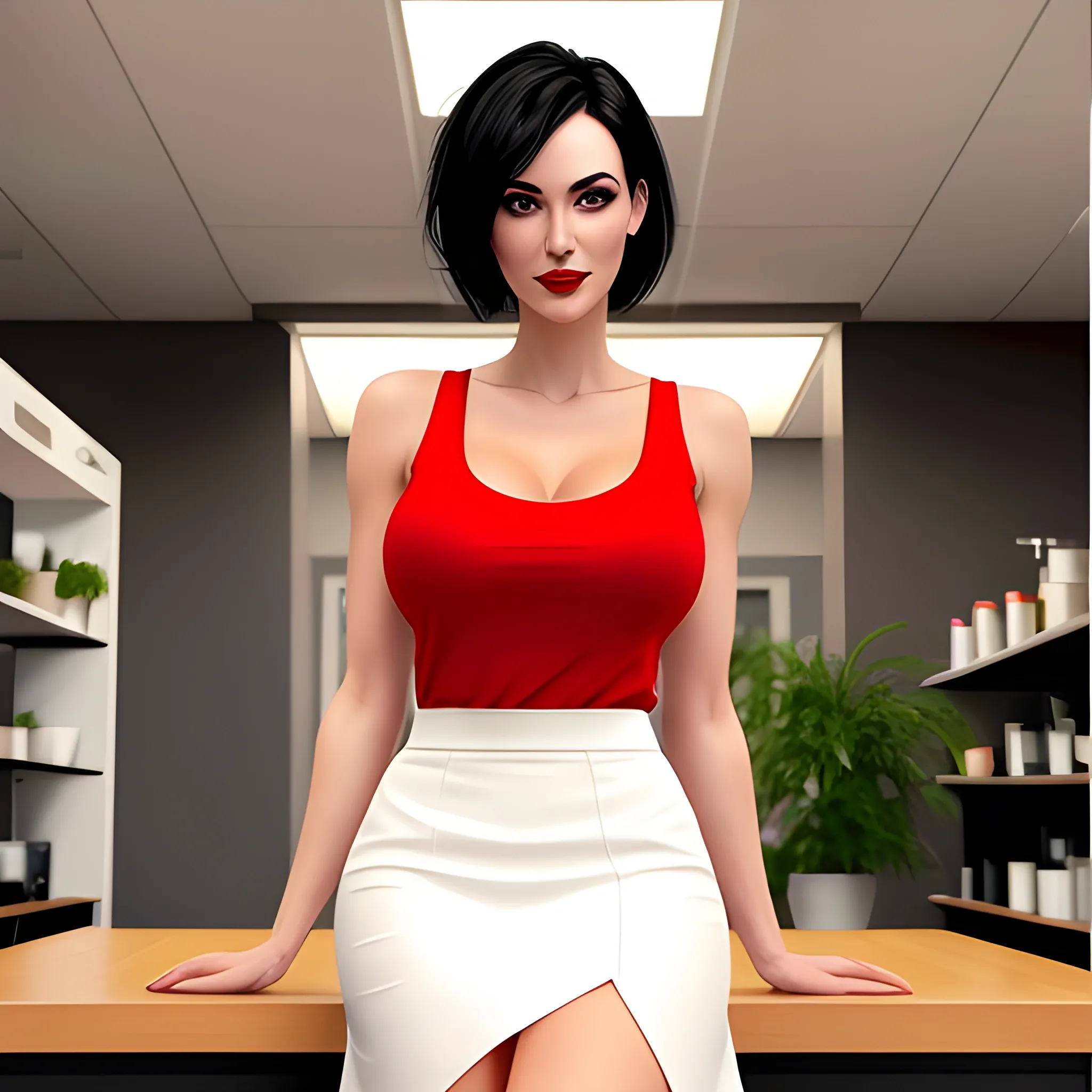 A photo of a young, beautiful rapunzel sitting in a caf, wearing red tank top, white office wear skirt, perfect breast, surrounded by a cozy atmosphere, looking at the viewer. short hair, black hair, slender, red lips, flirting with the camera, 