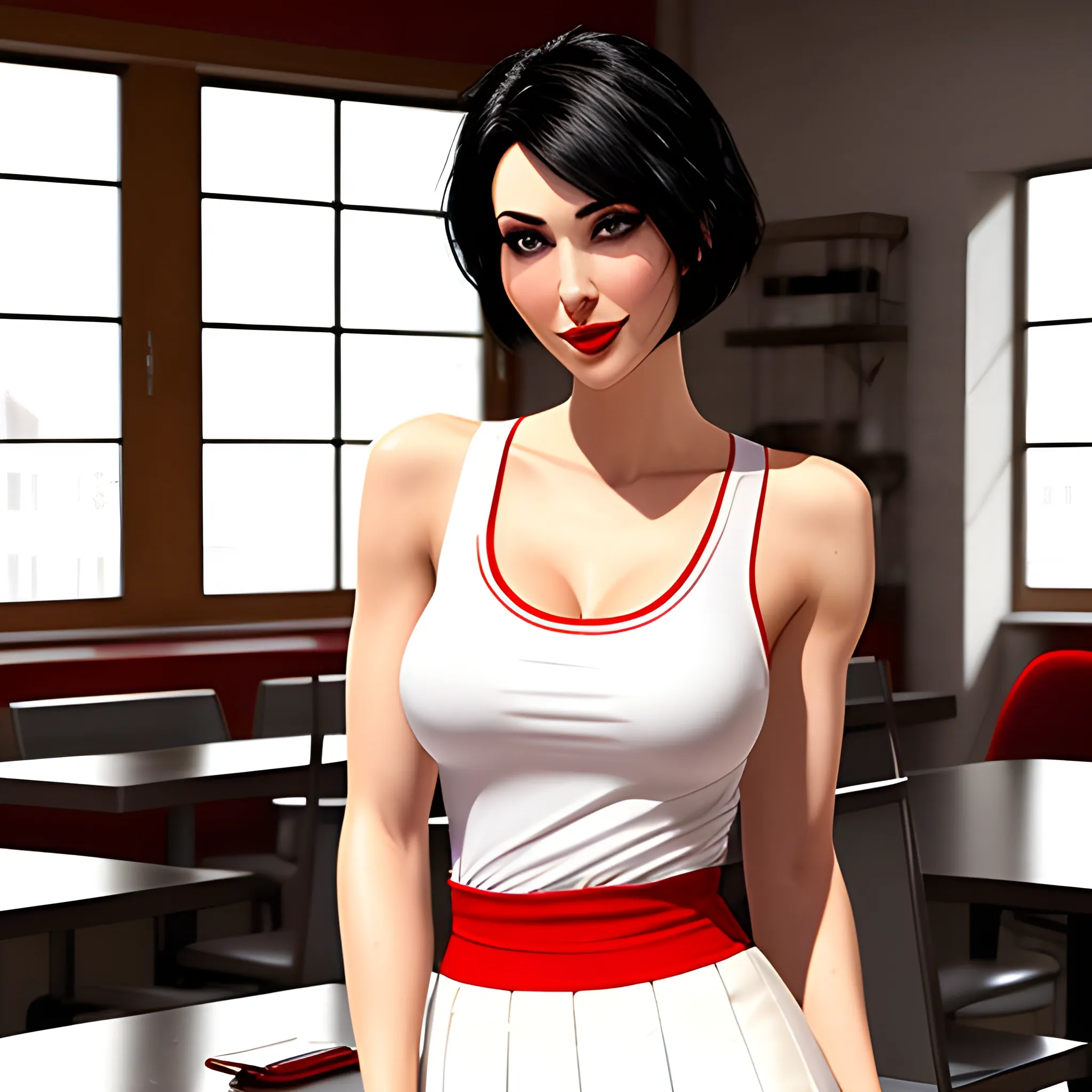 A photo of a young, beautiful rapunzel sitting in a caf, wearing red tank top, white office wear skirt, perfect breast, surrounded by a cozy atmosphere, looking at the viewer. short hair, black hair, slender, red lips, flirting with the camera, 