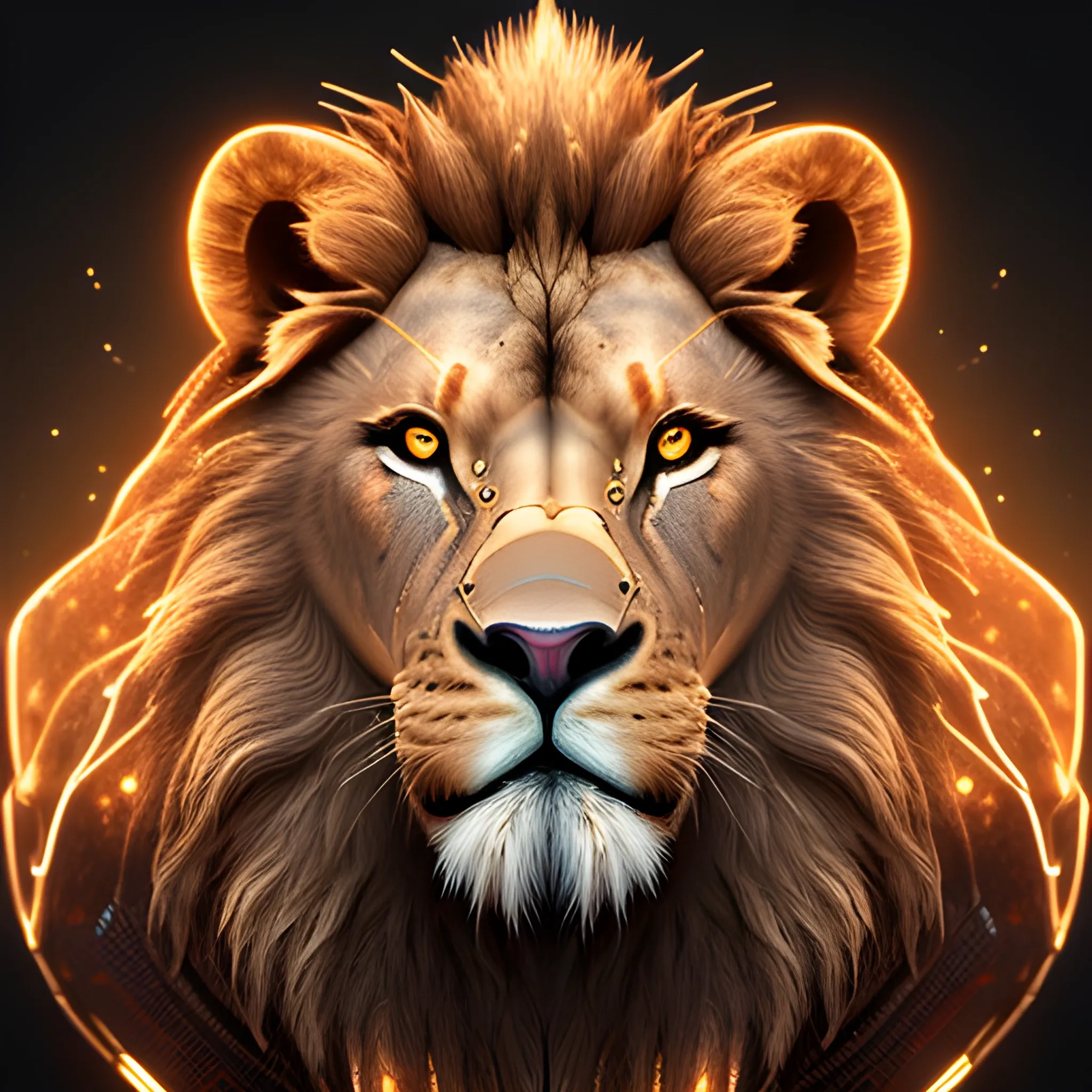 A detailed and intricate digital art piece in a cinematic style, this ultra high resolution portrait of a powerful cyber lion is a true masterpiece. The beautiful lighting and playful design make it a trend-setter on ArtStation. A true award-winning work.