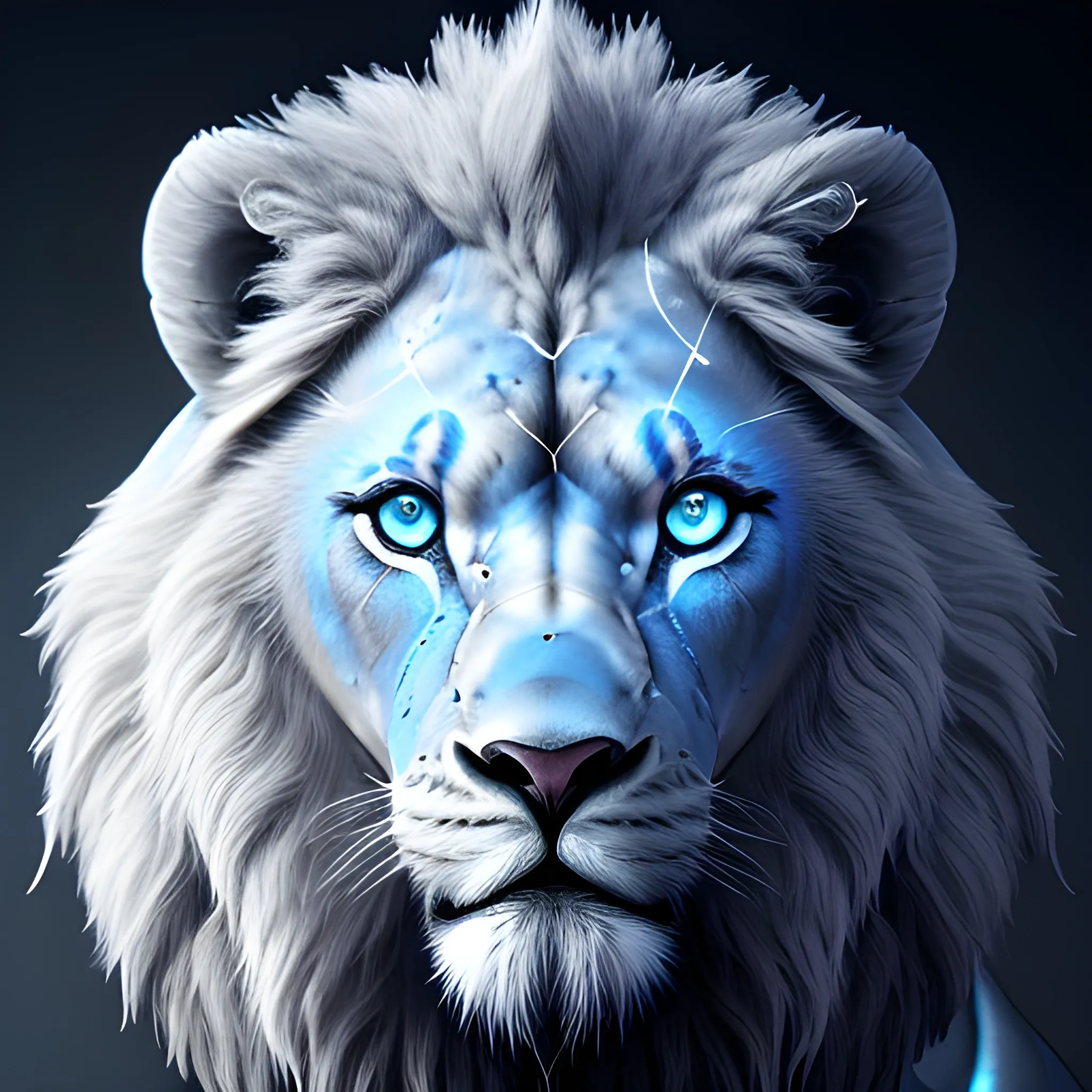 A detailed and intricate digital art piece in a cinematic style, this ultra high resolution portrait of a powerful blue eyes cyber lion is a true masterpiece. The beautiful lighting and playful design make it a trend-setter on ArtStation. A true award-winning work.