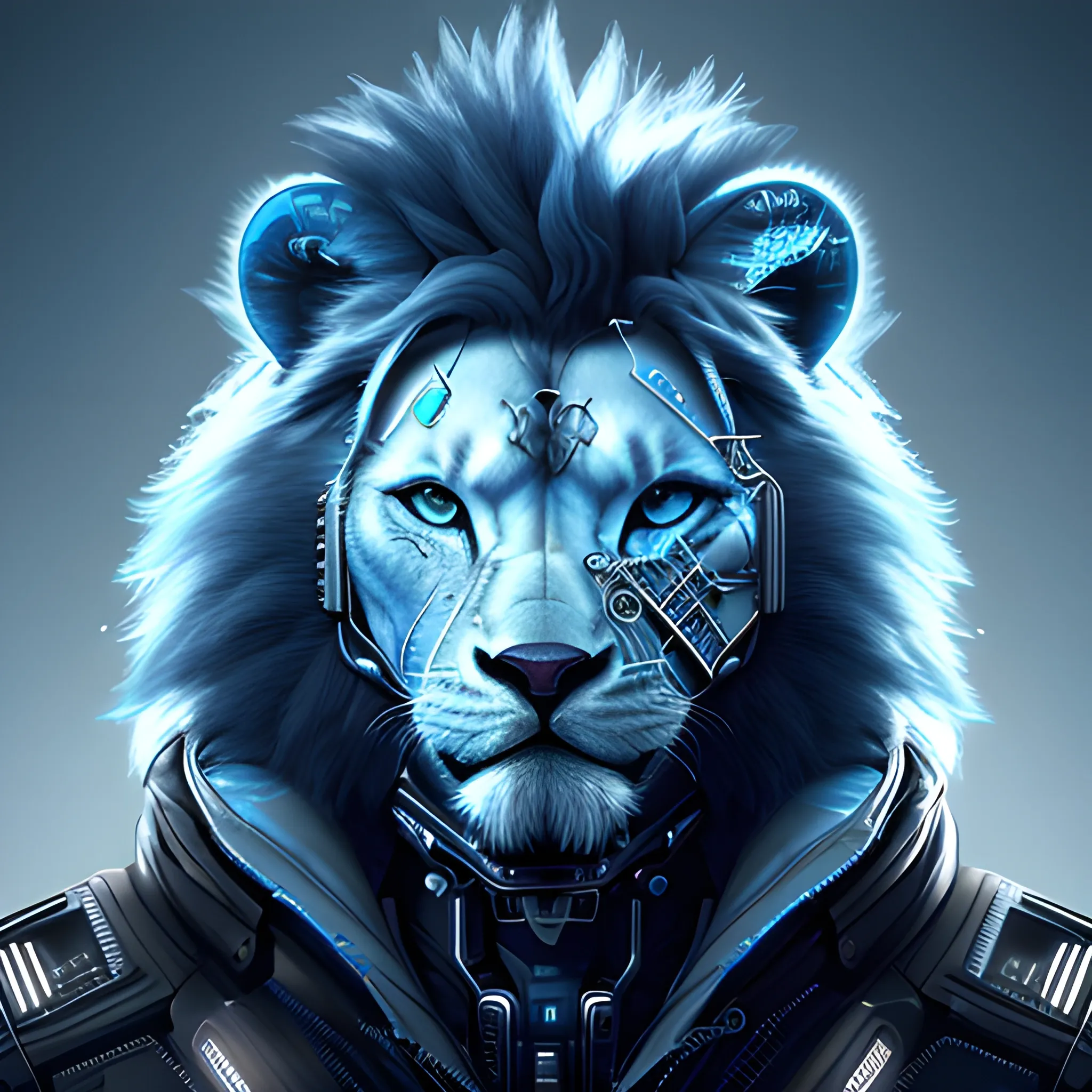 A detailed and intricate digital art piece in a cinematic style, this ultra high resolution portrait of a powerful blue eyes cyberpunk lion is a true masterpiece. The beautiful lighting and playful design make it a trend-setter on ArtStation. A true award-winning work.