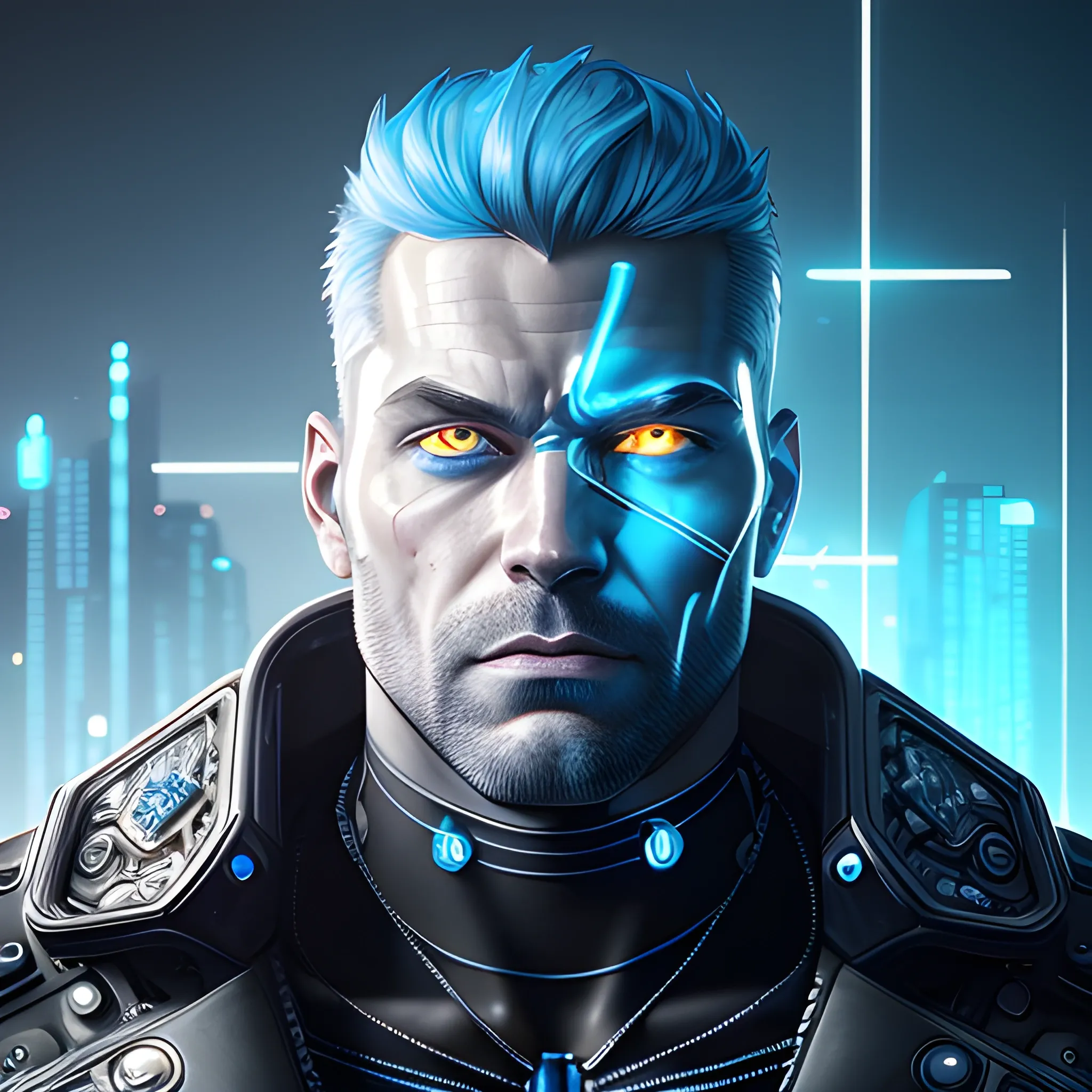 A detailed and intricate digital art piece in a cinematic style, this ultra high resolution portrait of a powerful blue eyes cyberpunk strong man is a true masterpiece. The beautiful lighting and playful design make it a trend-setter on ArtStation. A true award-winning work.