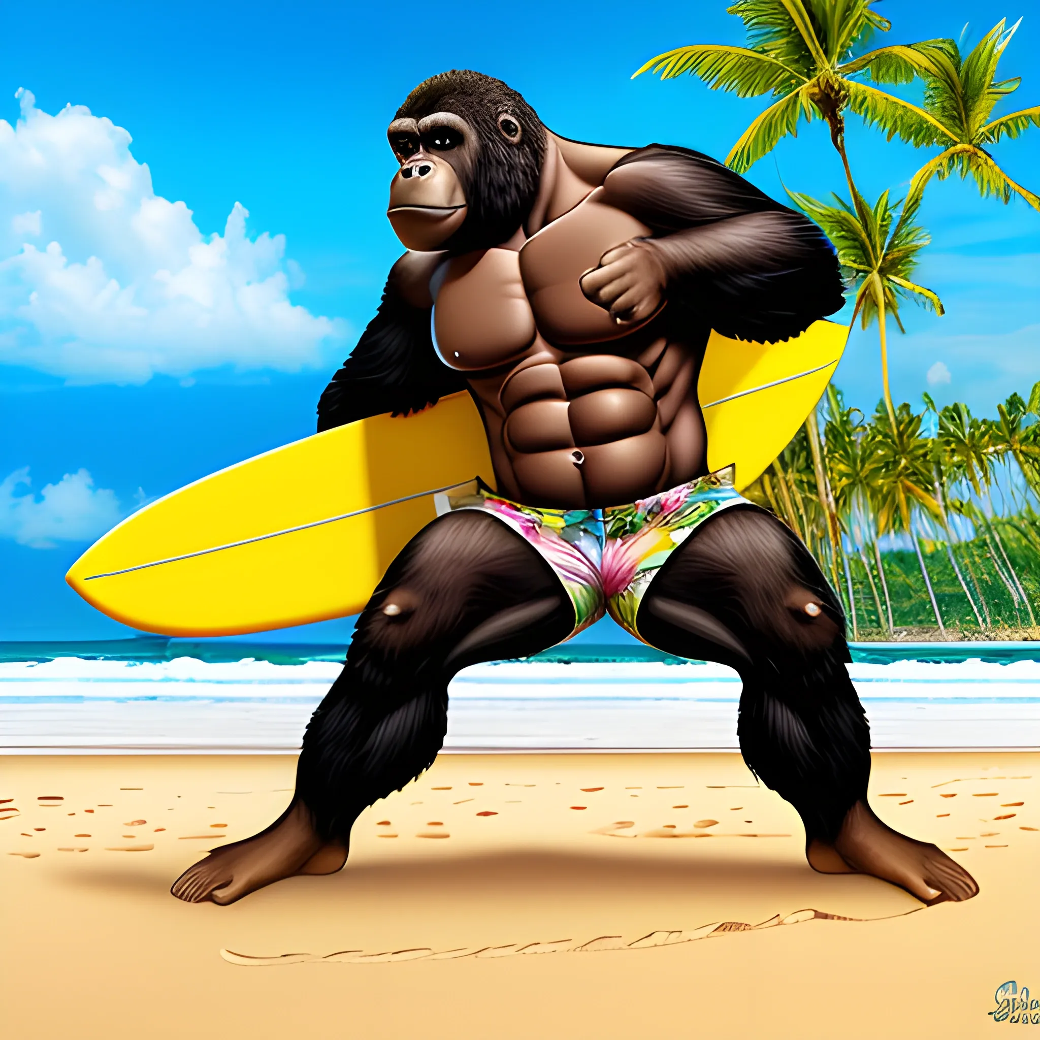 surfing male gorilla with hawaiian colorful shirt, big wave, full body, surfer gorilla, shorts, wave, smoking cigar, surfing on surfboard, big wave, hawaii shirt, cigar, highly detailed, photographic, sunny island background, palms, sand beach