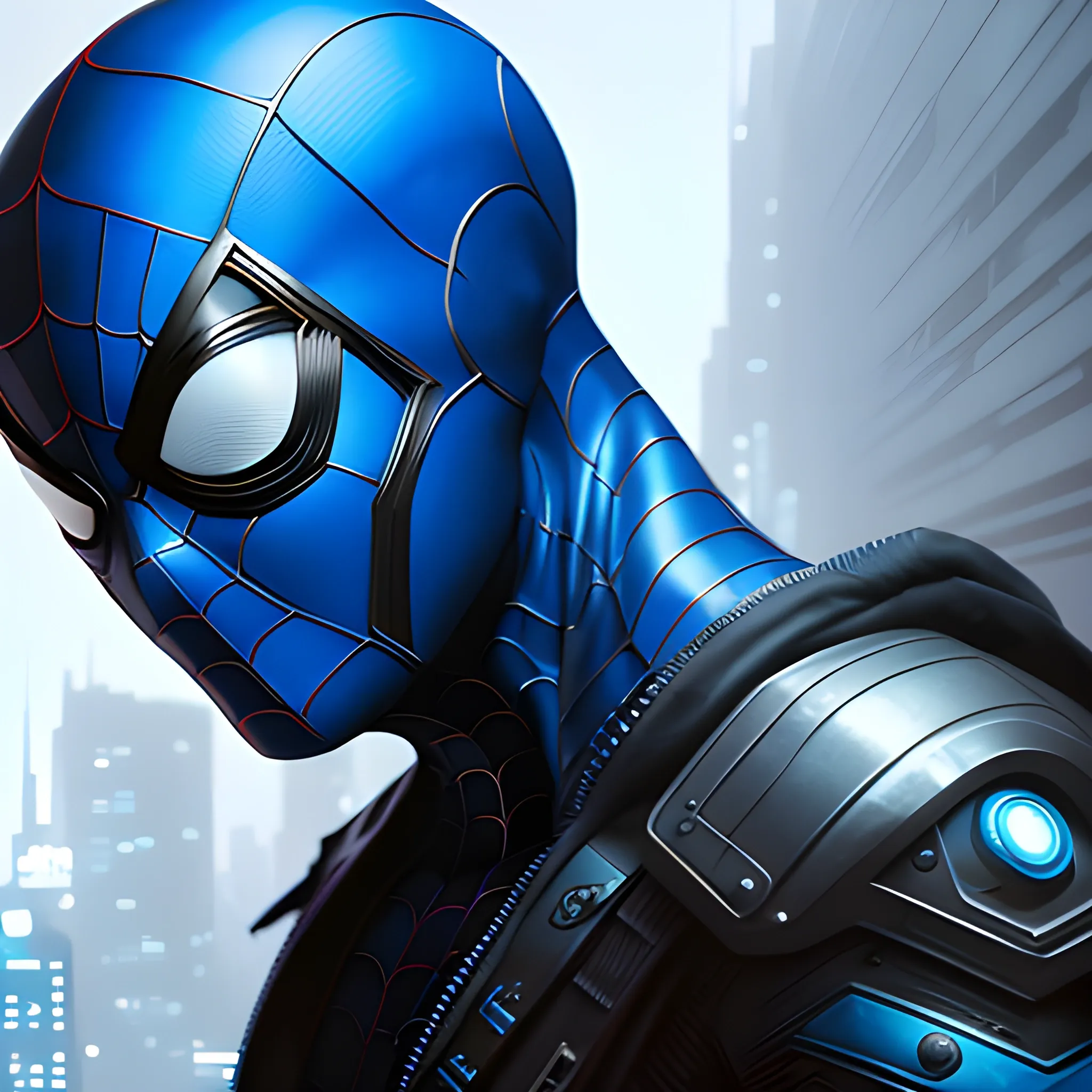 A detailed and intricate digital art piece in a cinematic style, this ultra high resolution portrait of a powerful blue eyes cyberpunk spiderman is a true masterpiece. The beautiful lighting and playful design make it a trend-setter on ArtStation. A true award-winning work.