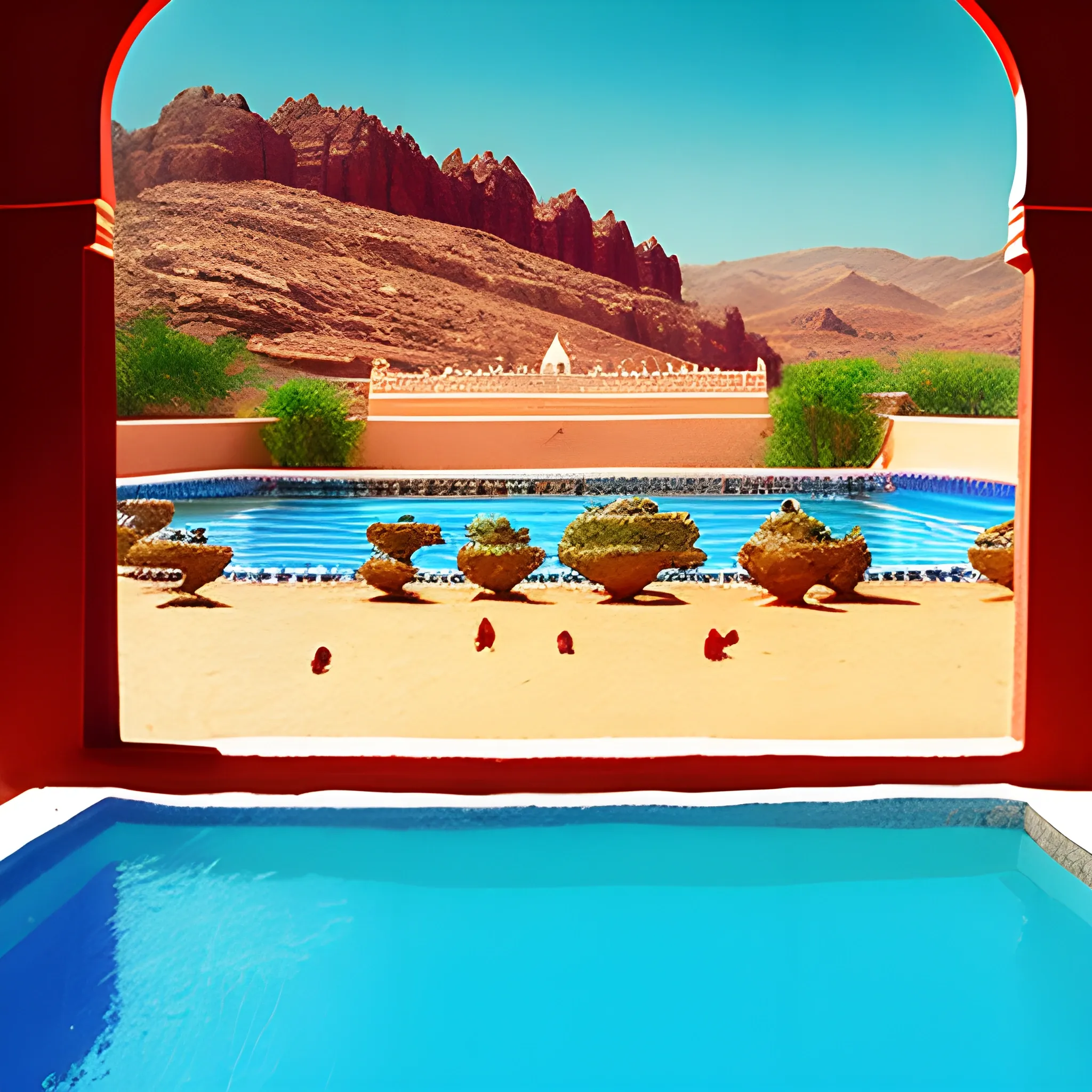 Rajasthani painting of a landscape of a Chile from inside of a Swimming pool, at Midday, Peaceful, stonepunk, Selective focus