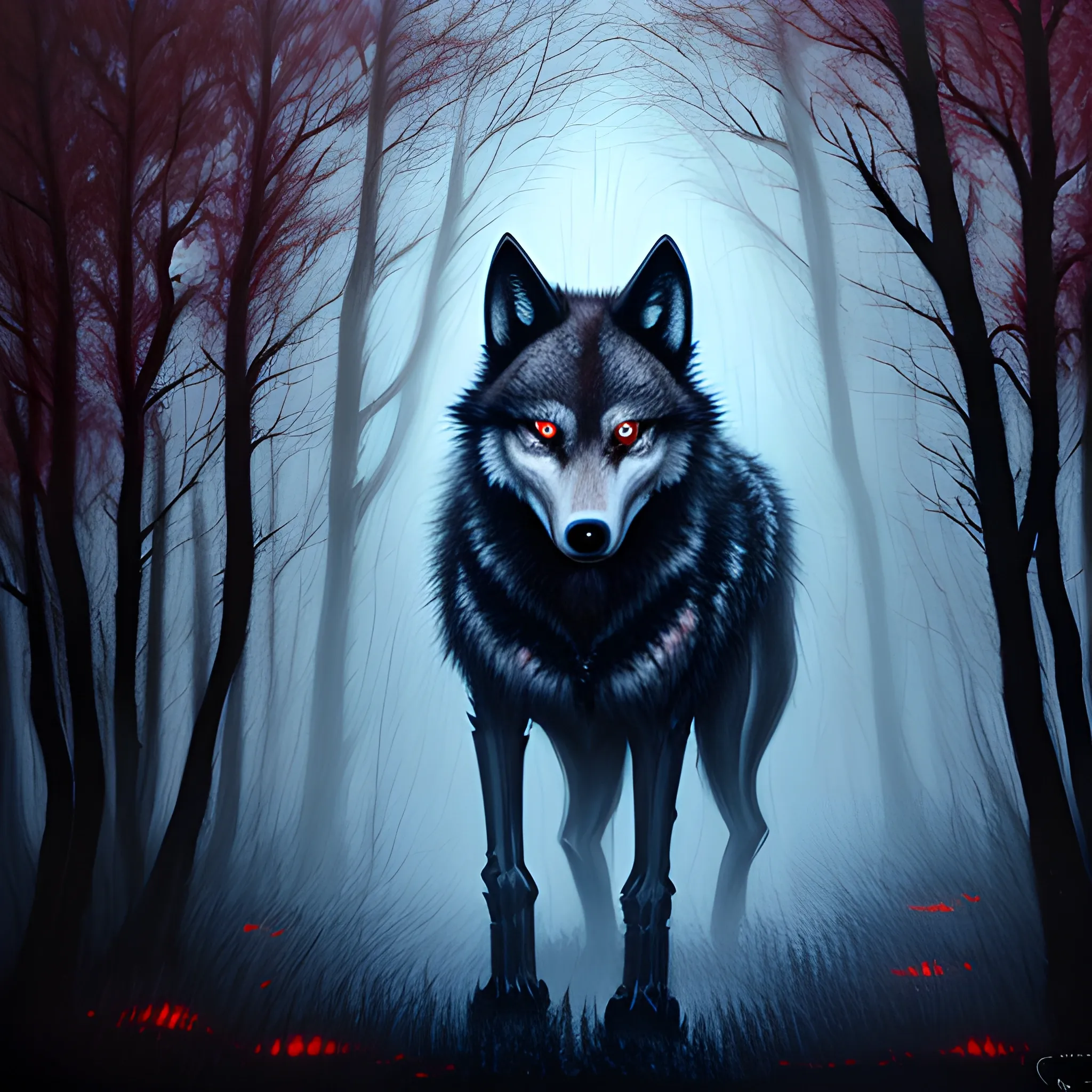 creepy creature like a wolf in the forest, black fur, scary, red glowing eyes, blue night, fog, horror scene, Oil Painting
