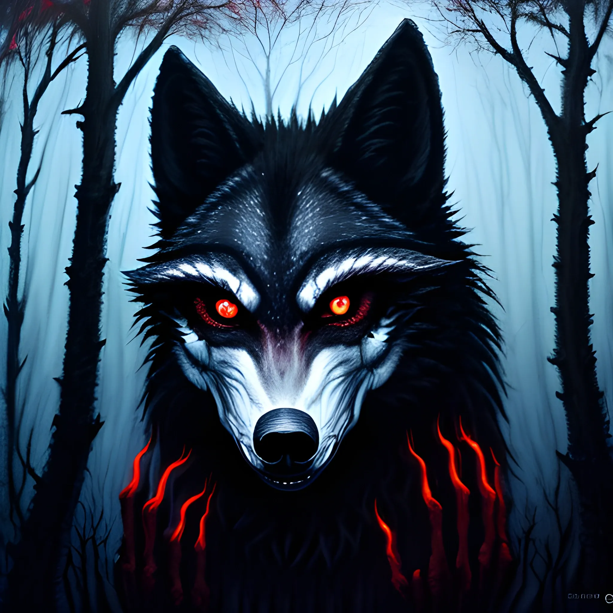 menacing creepy creature like a wolf in the forest, black fur, scary, red glowing eyes, blue night, fog, horror scene, perspective, Oil Painting